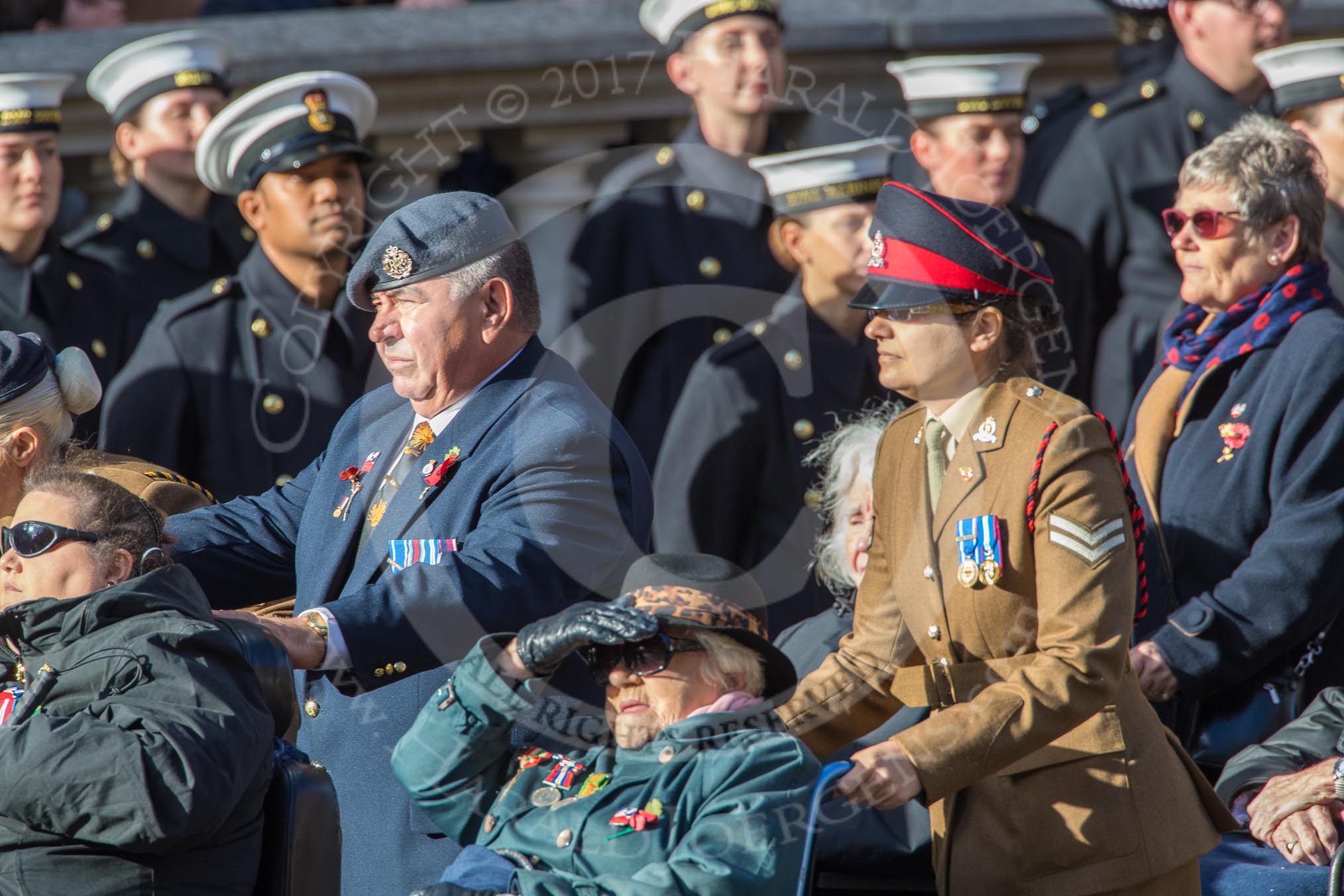 Blind Veterans UK (Group AA7, 215 members) during the Royal British Legion March Past on Remembrance Sunday at the Cenotaph, Whitehall, Westminster, London, 11 November 2018, 12:05.