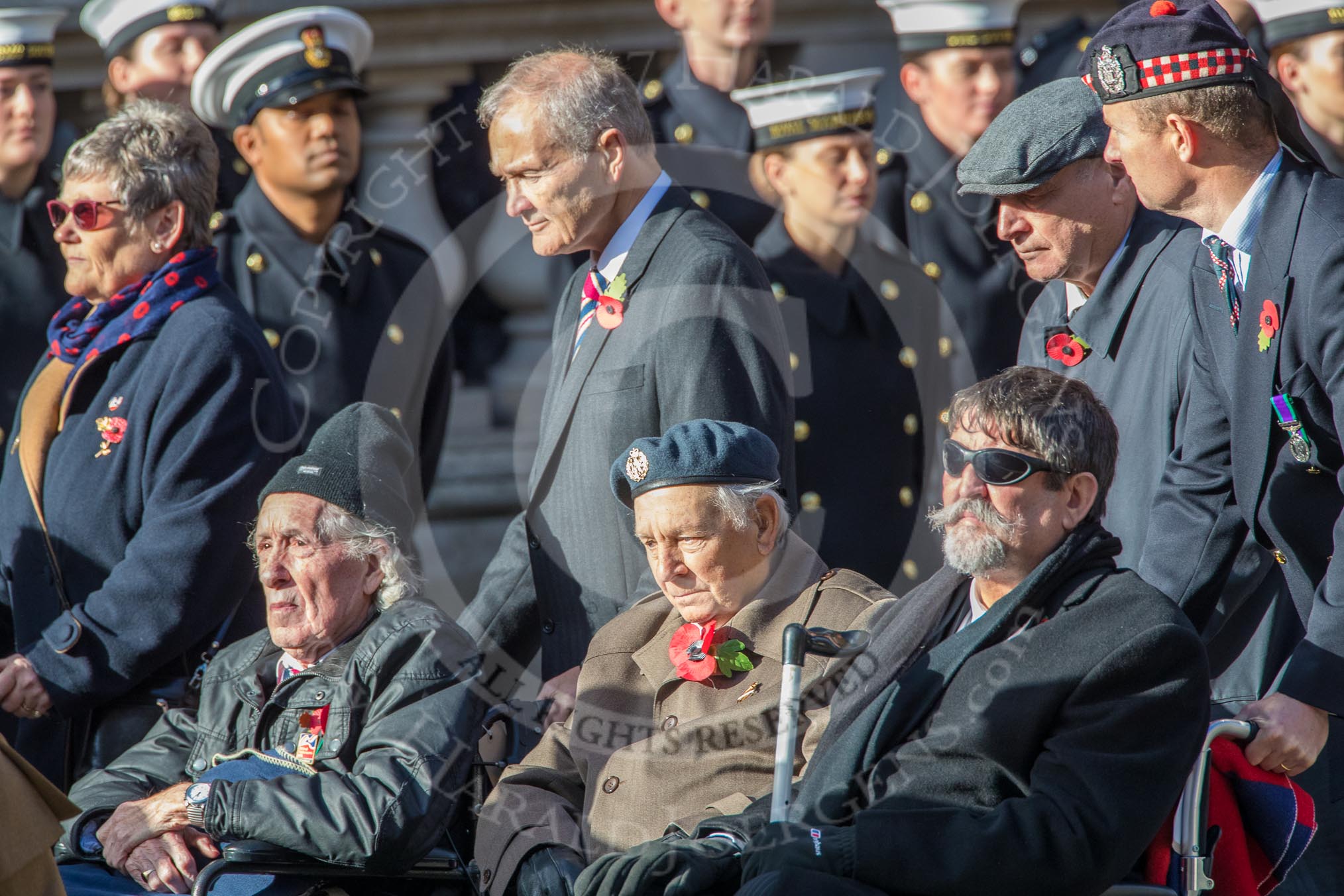 Blind Veterans UK (Group AA7, 215 members) during the Royal British Legion March Past on Remembrance Sunday at the Cenotaph, Whitehall, Westminster, London, 11 November 2018, 12:05.