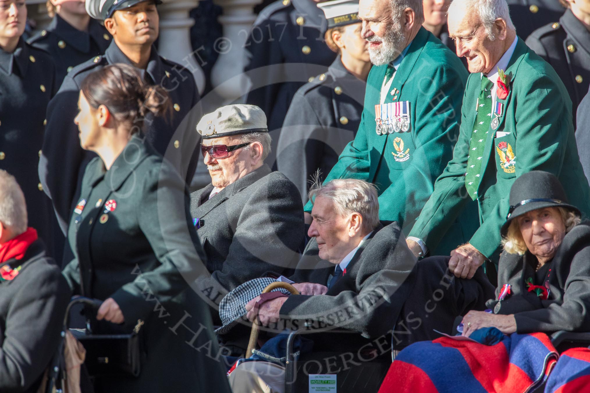 Blind Veterans UK (Group AA7, 215 members) during the Royal British Legion March Past on Remembrance Sunday at the Cenotaph, Whitehall, Westminster, London, 11 November 2018, 12:05.