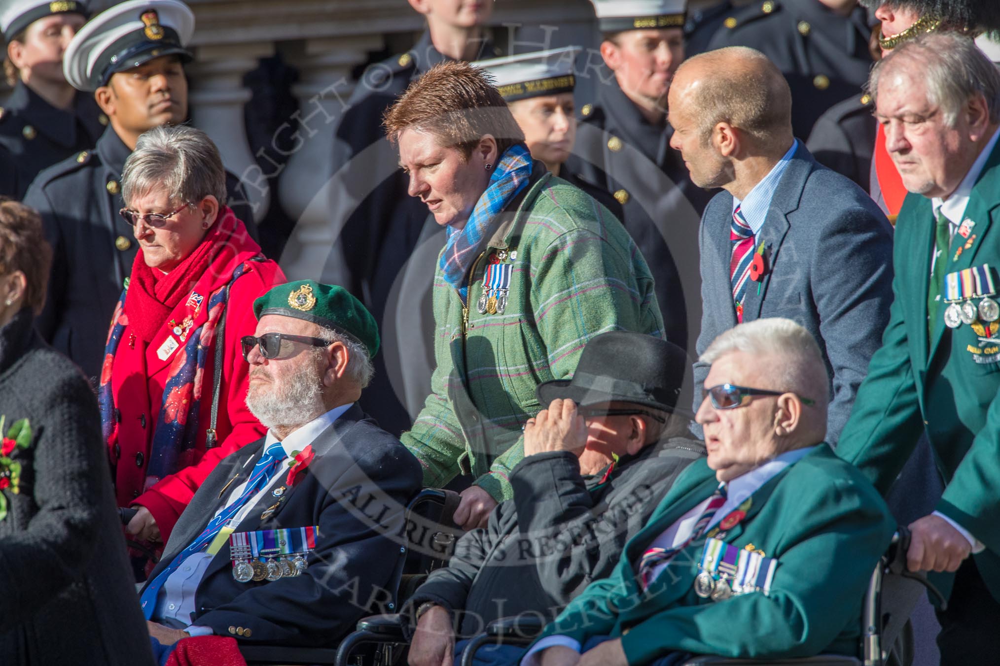 Blind Veterans UK (Group AA7, 215 members) during the Royal British Legion March Past on Remembrance Sunday at the Cenotaph, Whitehall, Westminster, London, 11 November 2018, 12:05.