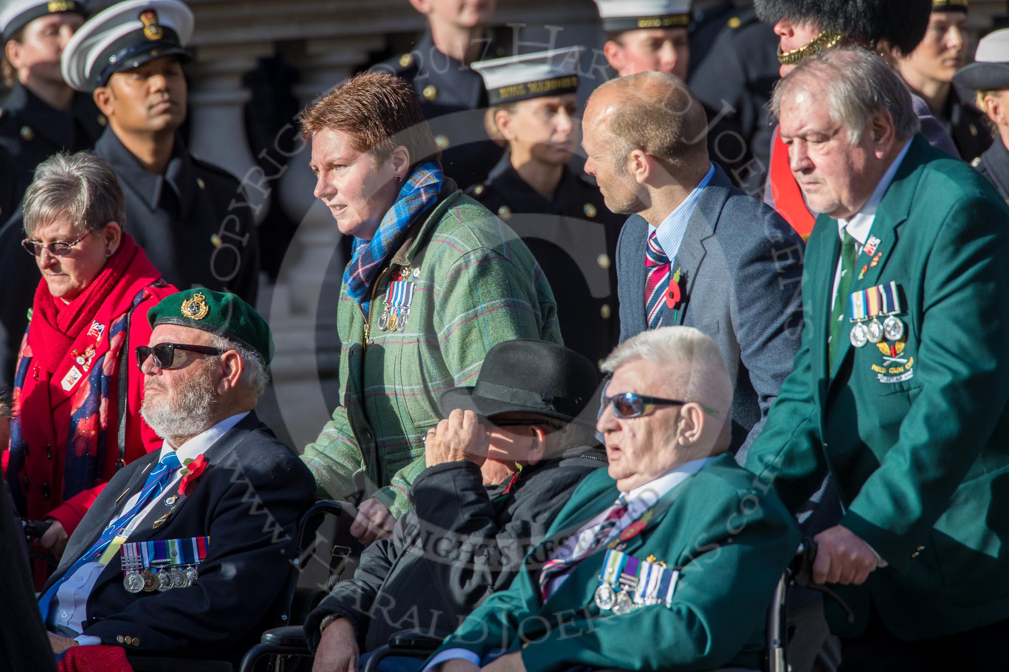 Blind Veterans UK (Group AA7, 215 members) during the Royal British Legion March Past on Remembrance Sunday at the Cenotaph, Whitehall, Westminster, London, 11 November 2018, 12:05.