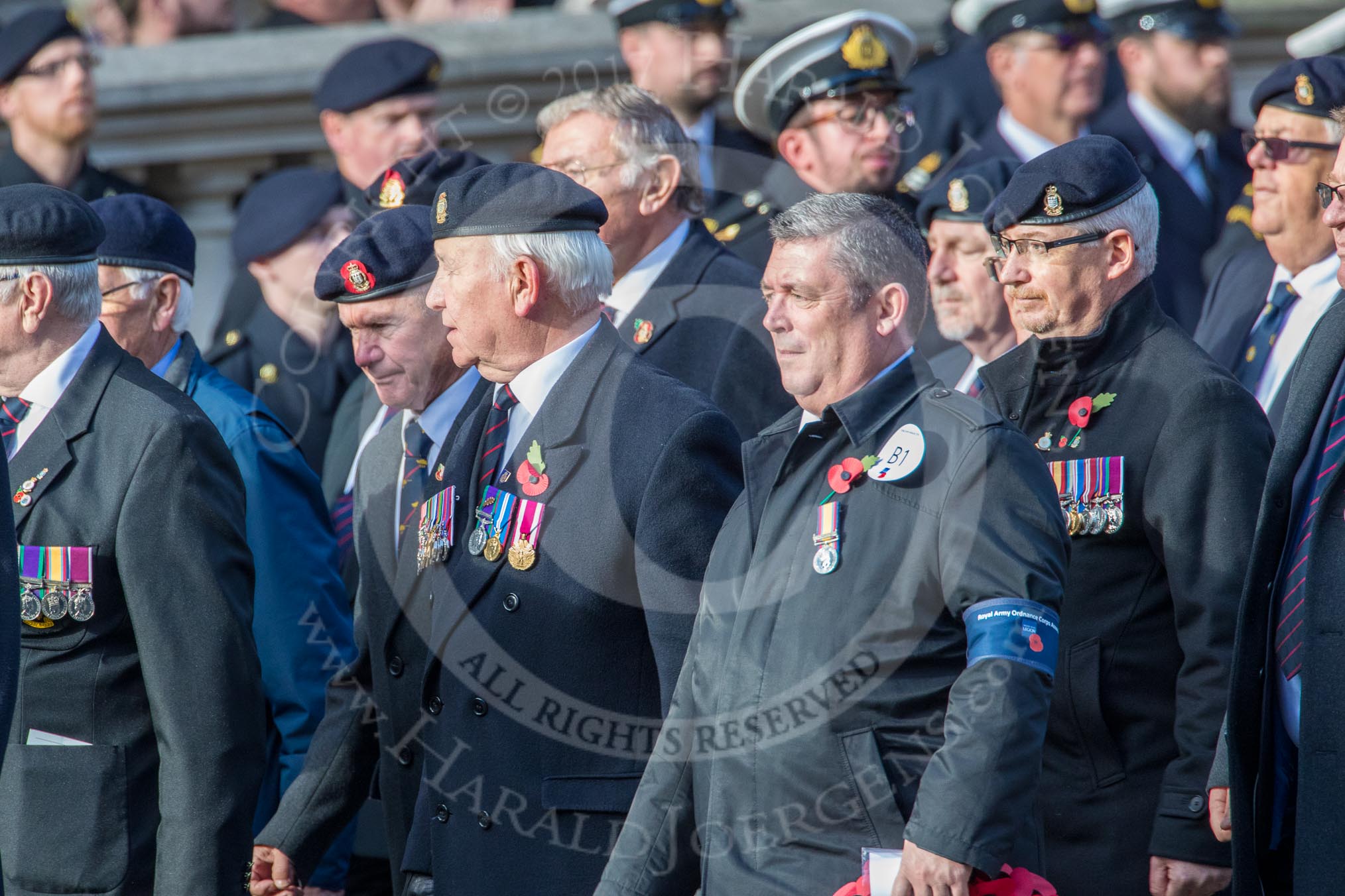 Royal Army Ordnance Corps Association (Group B1, 33 members) during the Royal British Legion March Past on Remembrance Sunday at the Cenotaph, Whitehall, Westminster, London, 11 November 2018, 12:05.