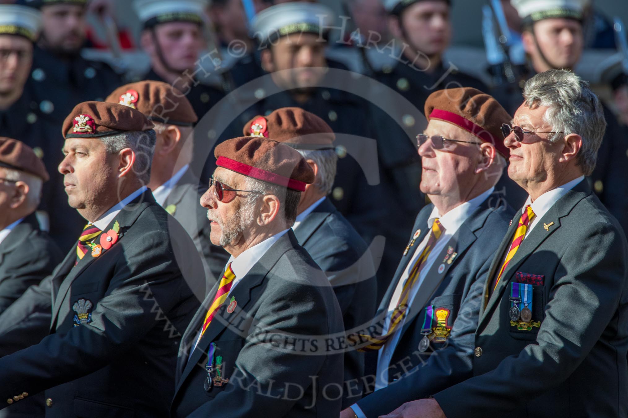 The King's Royal Hussars Regimental Association  (Group B21, 100 members) during the Royal British Legion March Past on Remembrance Sunday at the Cenotaph, Whitehall, Westminster, London, 11 November 2018, 12:10.