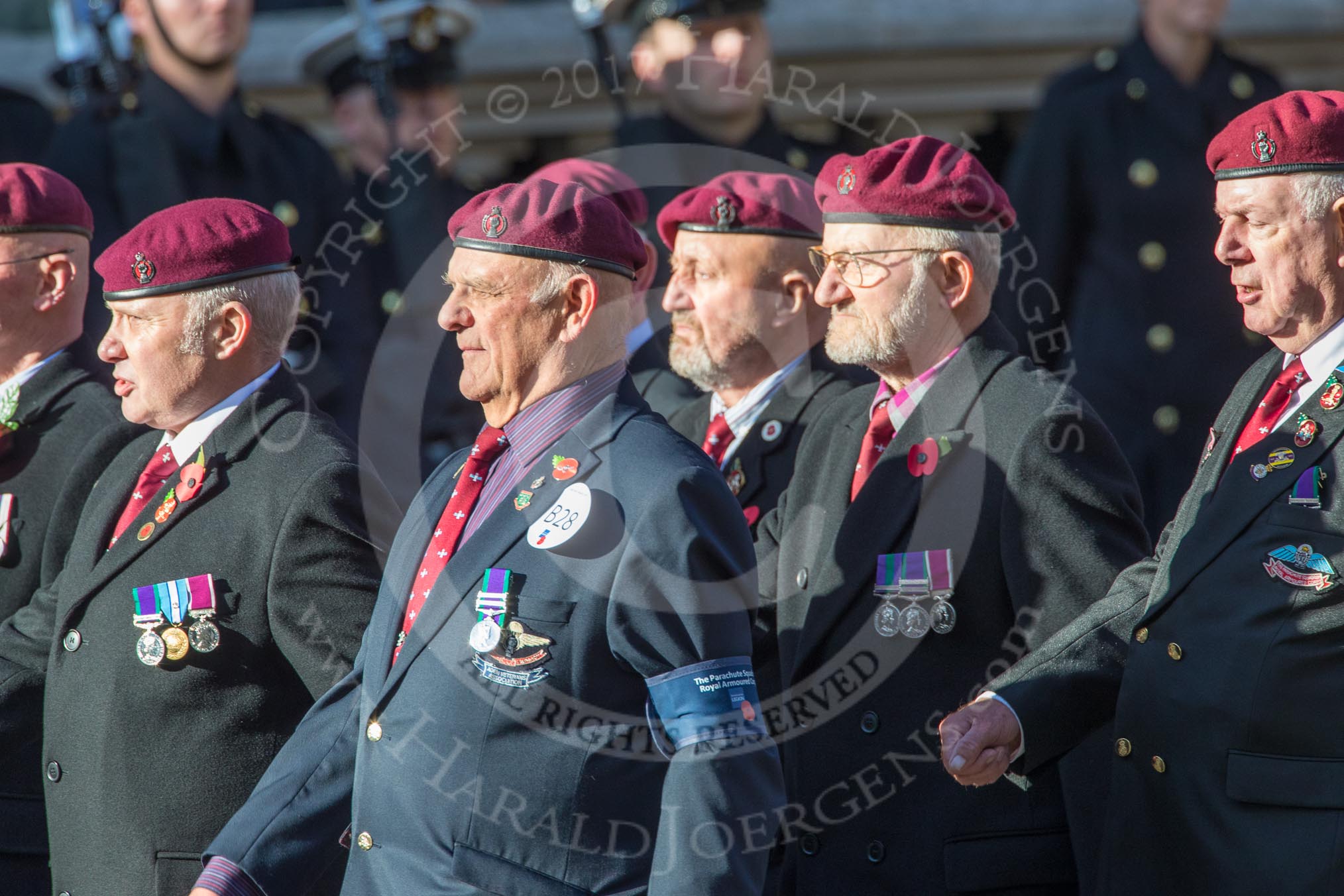 The Parachute Squadron Royal Armoured Corps (Group B28, 19 members) during the Royal British Legion March Past on Remembrance Sunday at the Cenotaph, Whitehall, Westminster, London, 11 November 2018, 12:12.