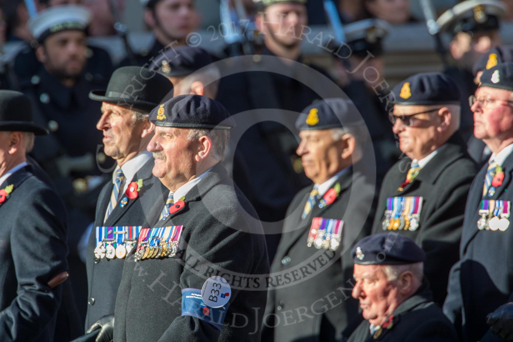 3rd Regiment Royal Horse Artillery Past and Present(Group B33, 70 members) during the Royal British Legion March Past on Remembrance Sunday at the Cenotaph, Whitehall, Westminster, London, 11 November 2018, 12:12..