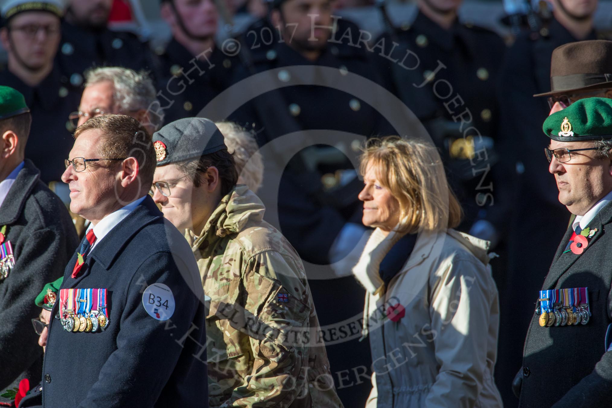 Adjutant General Corps (Group B34, 13 members) during the Royal British Legion March Past on Remembrance Sunday at the Cenotaph, Whitehall, Westminster, London, 11 November 2018, 12:13.