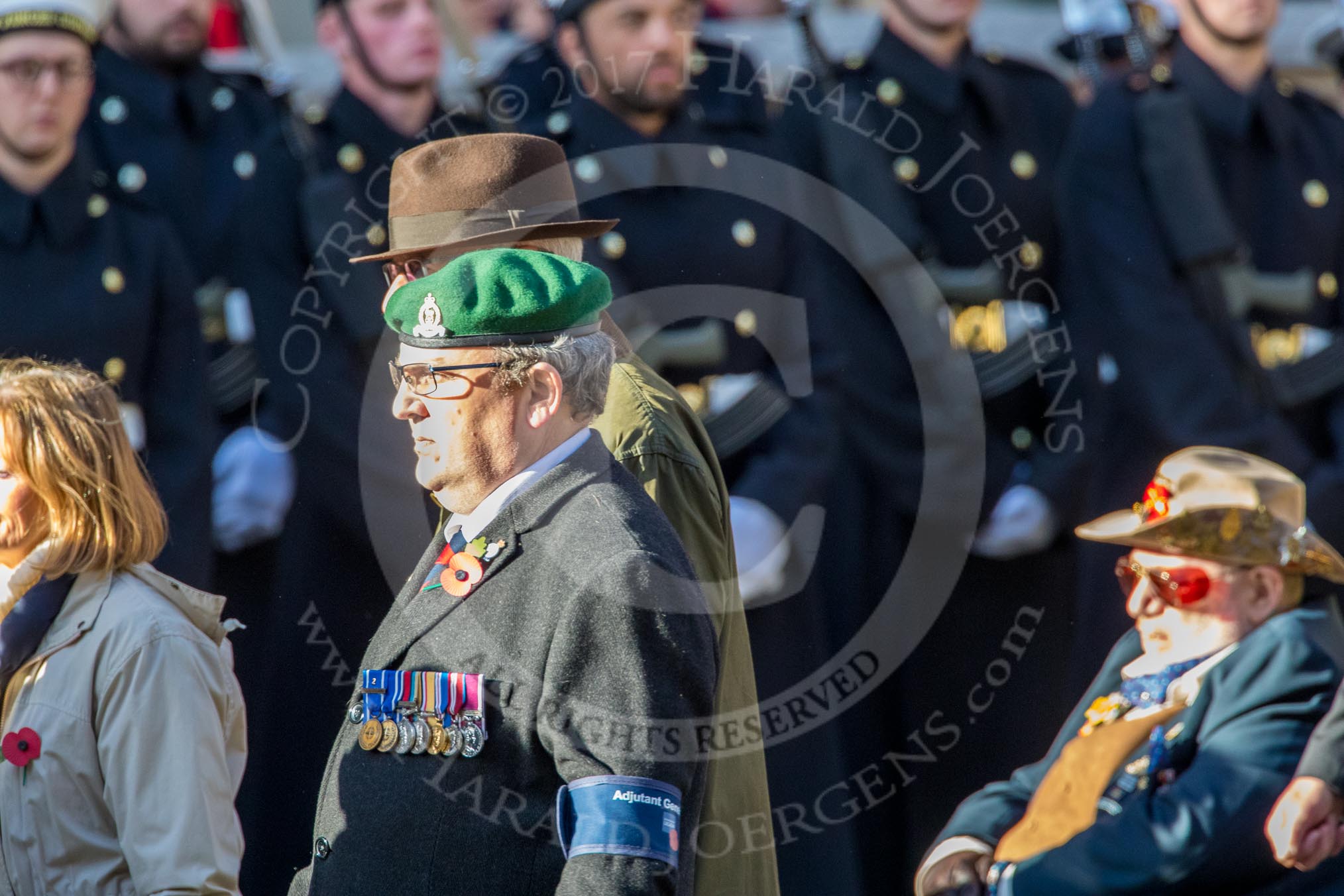 Adjutant General Corps (Group B34, 13 members) during the Royal British Legion March Past on Remembrance Sunday at the Cenotaph, Whitehall, Westminster, London, 11 November 2018, 12:13.