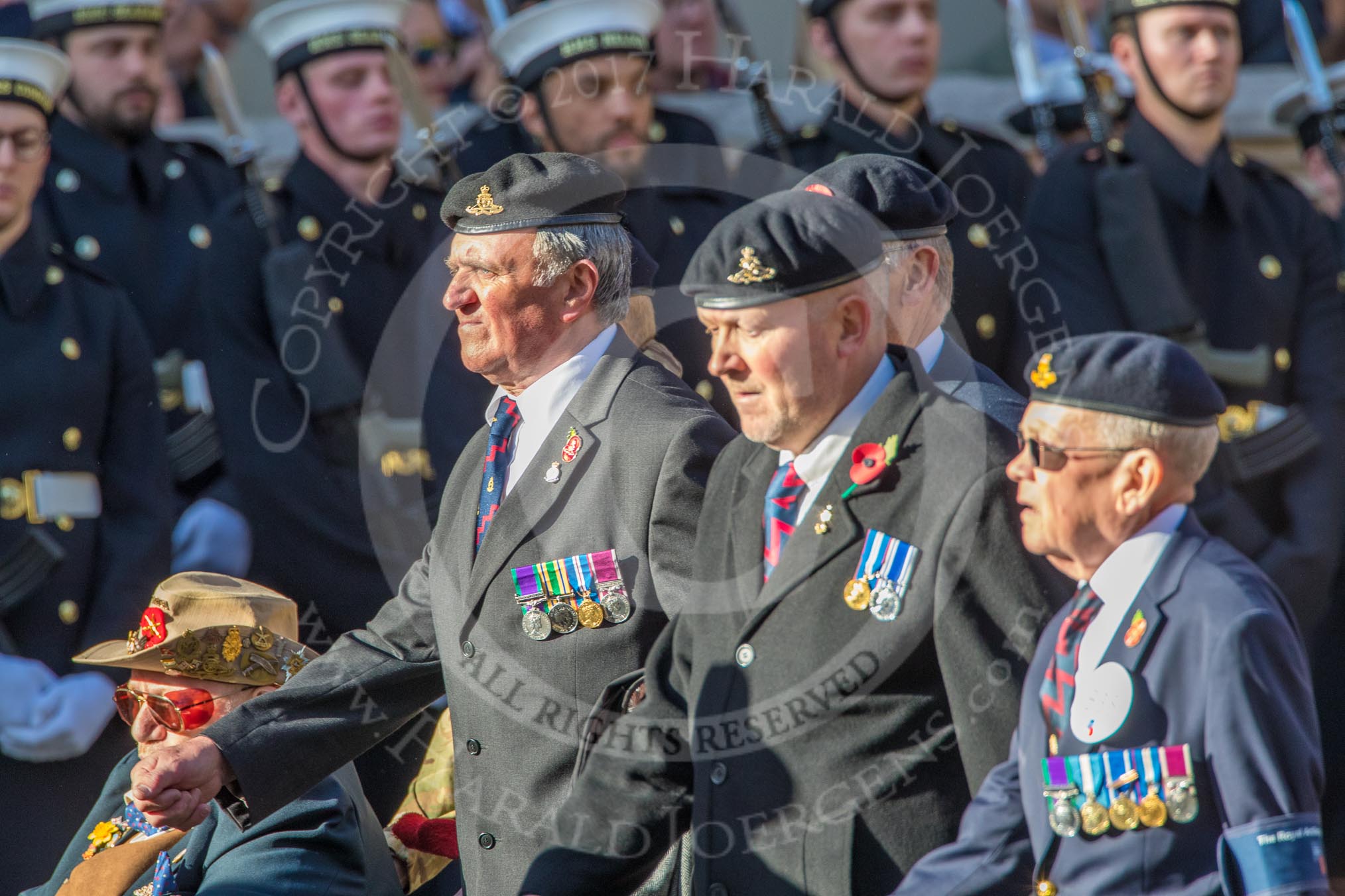 The Royal Artillery Association (Group B35, 32 members) during the Royal British Legion March Past on Remembrance Sunday at the Cenotaph, Whitehall, Westminster, London, 11 November 2018, 12:13.