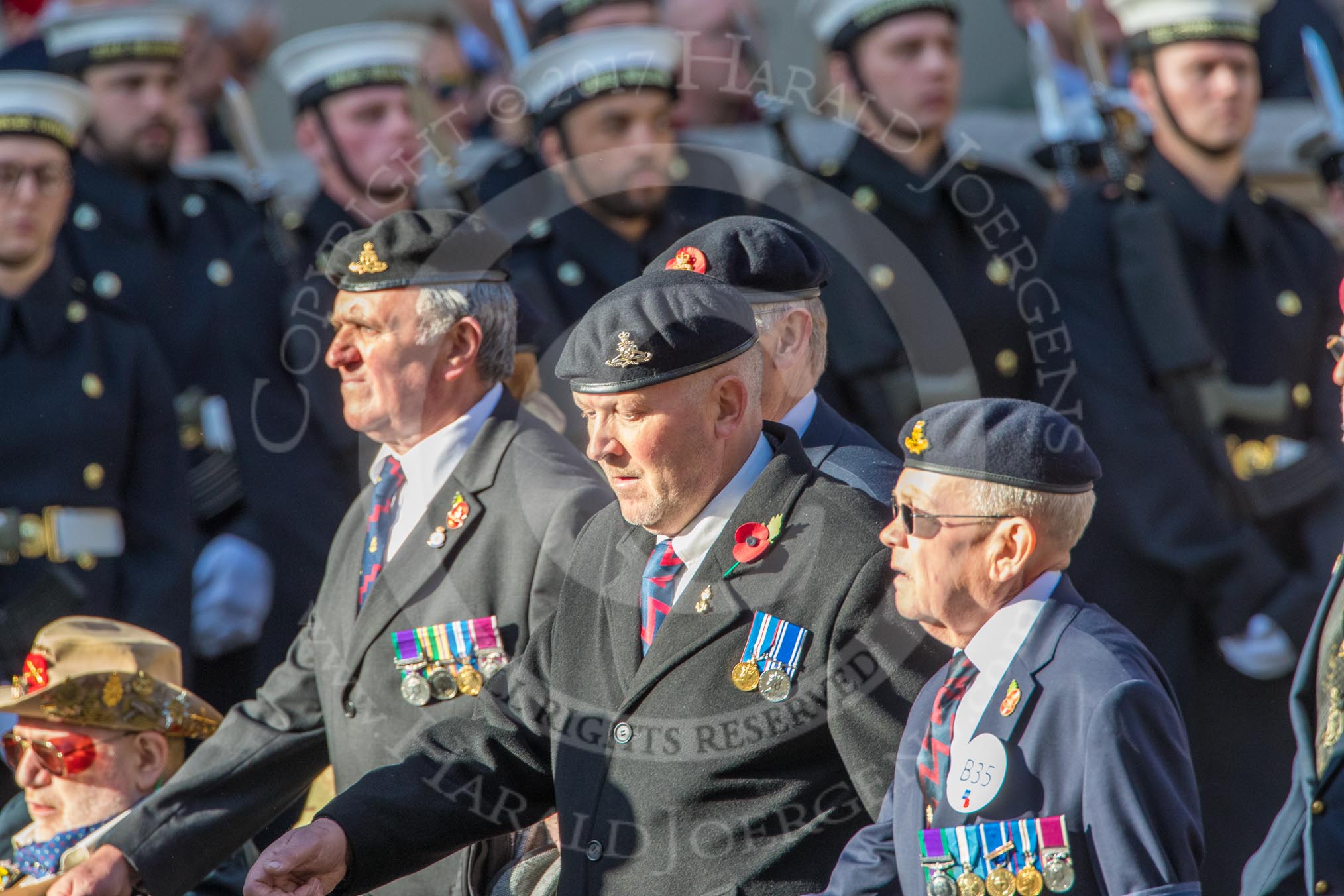 The Royal Artillery Association (Group B35, 32 members) during the Royal British Legion March Past on Remembrance Sunday at the Cenotaph, Whitehall, Westminster, London, 11 November 2018, 12:13.