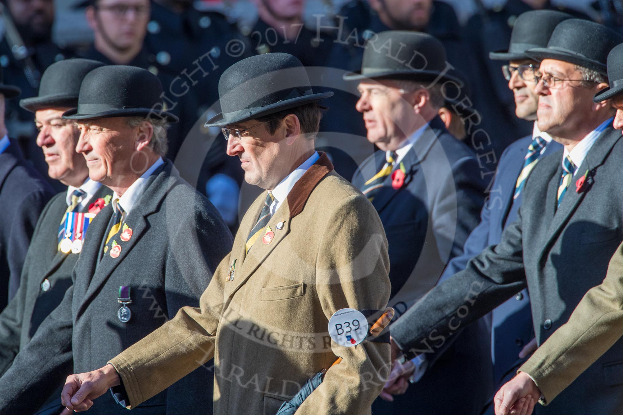 The Queen's Royal Hussars Regimental Association (Group B39, 19 members) during the Royal British Legion March Past on Remembrance Sunday at the Cenotaph, Whitehall, Westminster, London, 11 November 2018, 12:13.