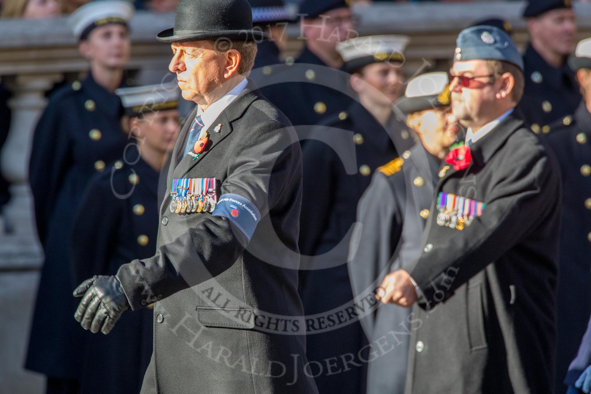 Royal Air Forces Association (Group C1, 155 members) during the Royal British Legion March Past on Remembrance Sunday at the Cenotaph, Whitehall, Westminster, London, 11 November 2018, 12:14.