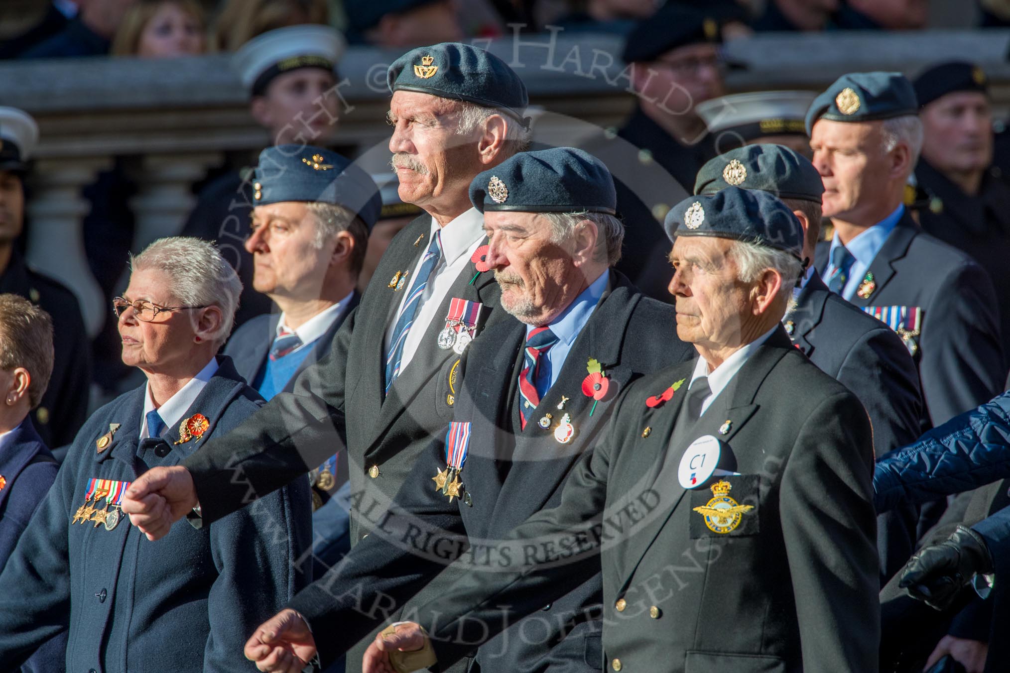 Royal Air Forces Association (Group C1, 155 members) during the Royal British Legion March Past on Remembrance Sunday at the Cenotaph, Whitehall, Westminster, London, 11 November 2018, 12:14.