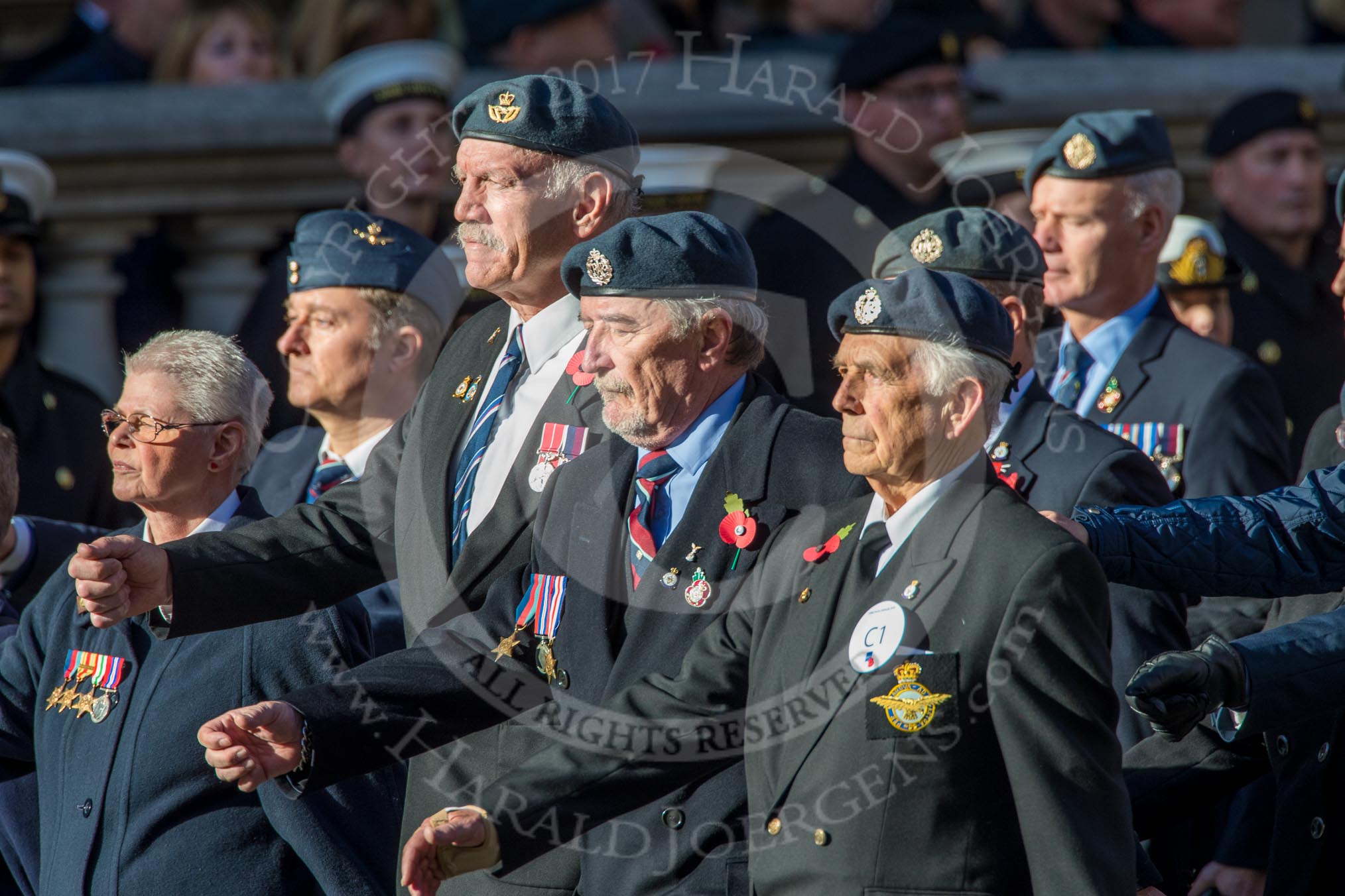 Royal Air Forces Association (Group C1, 155 members) during the Royal British Legion March Past on Remembrance Sunday at the Cenotaph, Whitehall, Westminster, London, 11 November 2018, 12:14.