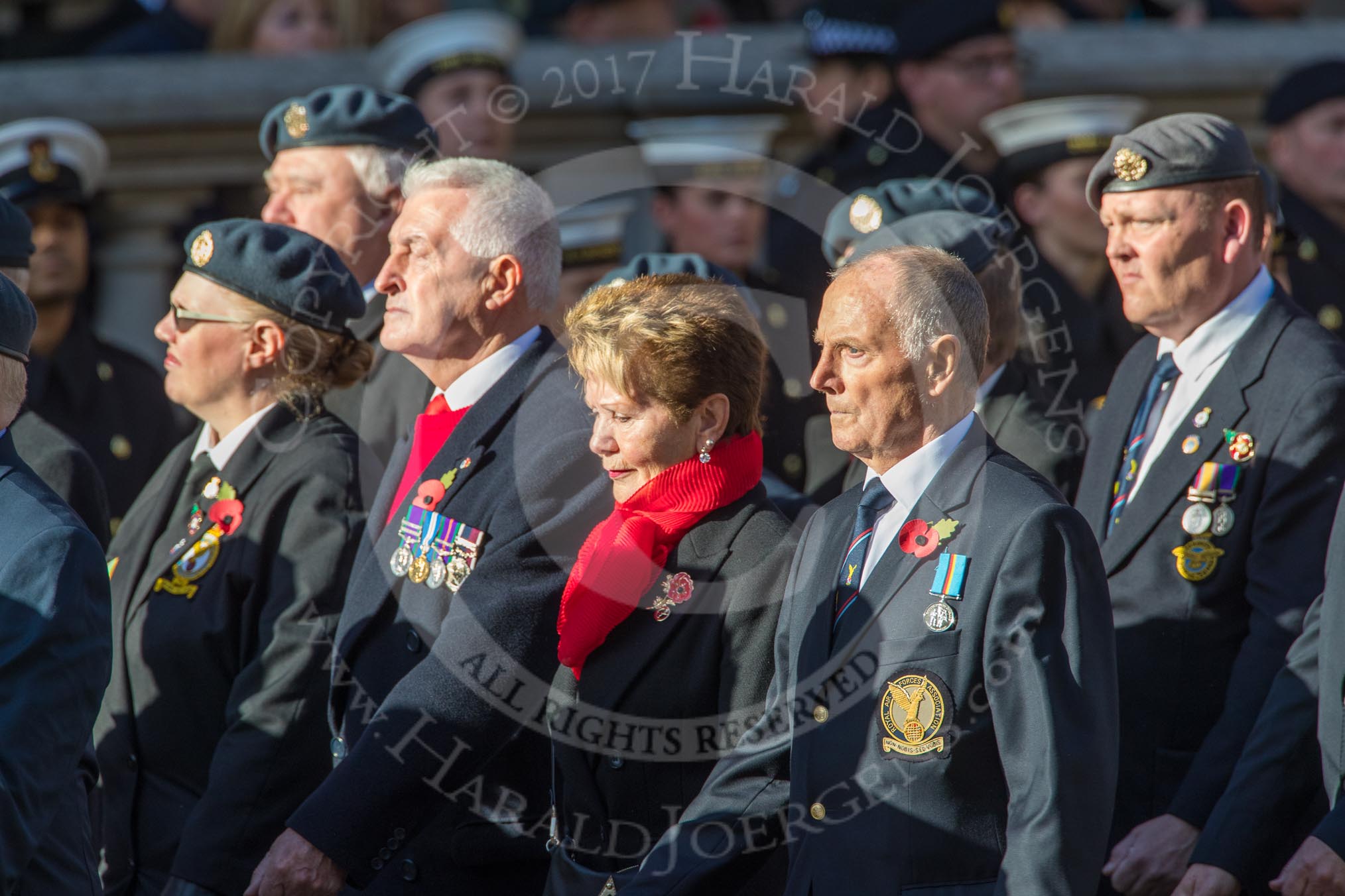 Royal Air Forces Association (Group C1, 155 members) during the Royal British Legion March Past on Remembrance Sunday at the Cenotaph, Whitehall, Westminster, London, 11 November 2018, 12:14.