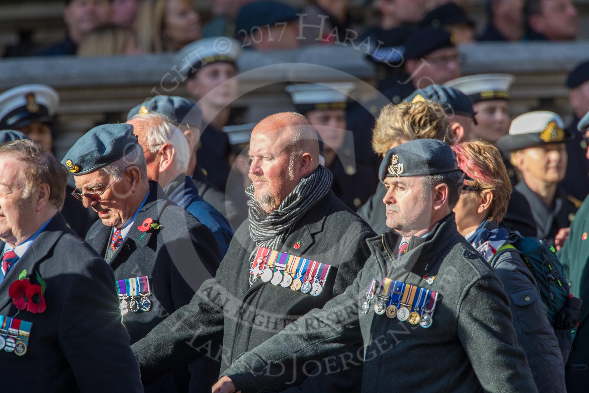 Royal Air Forces Association (Group C1, 155 members) during the Royal British Legion March Past on Remembrance Sunday at the Cenotaph, Whitehall, Westminster, London, 11 November 2018, 12:14.