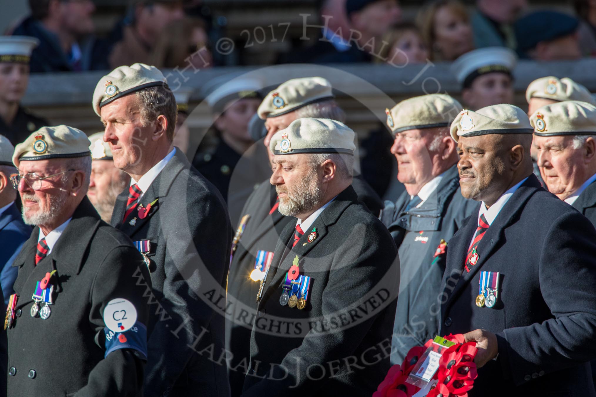 Royal Air Force Police Association (Group C2, 60 members) during the Royal British Legion March Past on Remembrance Sunday at the Cenotaph, Whitehall, Westminster, London, 11 November 2018, 12:14.