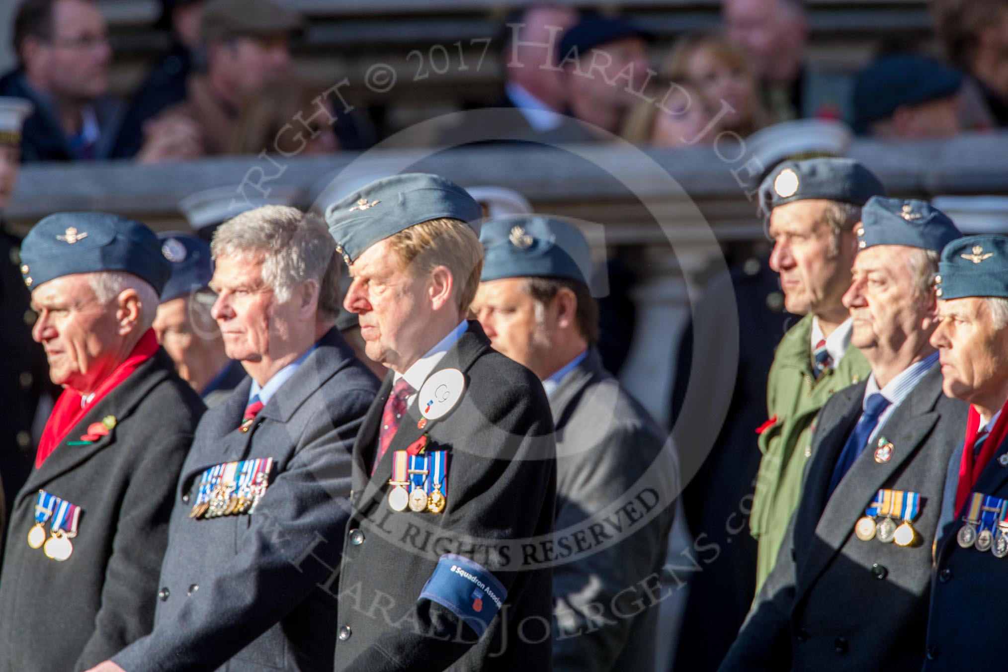RAF 8 Squadron Association (Group C9, 12 members) during the Royal British Legion March Past on Remembrance Sunday at the Cenotaph, Whitehall, Westminster, London, 11 November 2018, 12:16.