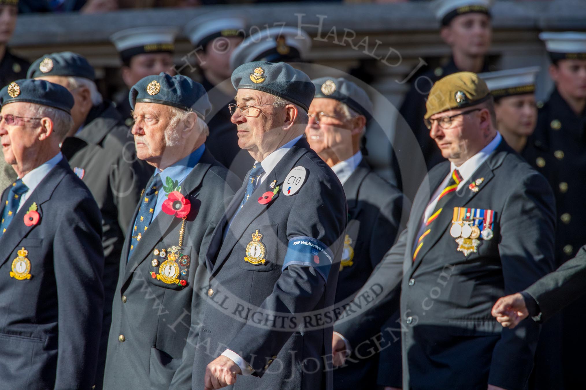 RAF Habbaniya Association (Group C10, 14 members) during the Royal British Legion March Past on Remembrance Sunday at the Cenotaph, Whitehall, Westminster, London, 11 November 2018, 12:16.