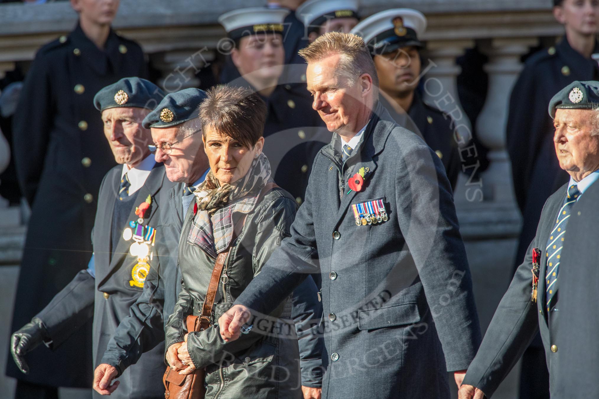 RAF Airfield Squadron Branch Association s (Group C14, 12 members) during the Royal British Legion March Past on Remembrance Sunday at the Cenotaph, Whitehall, Westminster, London, 11 November 2018, 12:16.