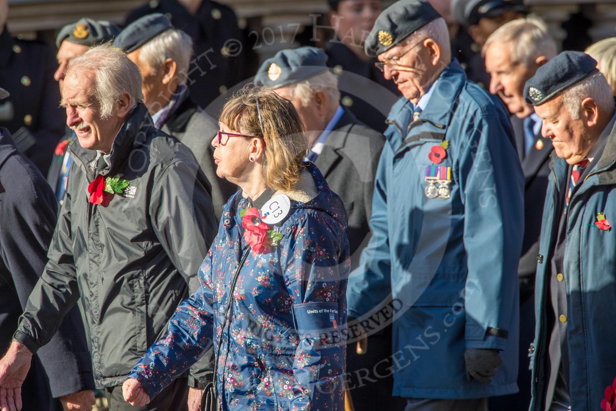 Units of the Far East Air Force (Group C13, 18 members) during the Royal British Legion March Past on Remembrance Sunday at the Cenotaph, Whitehall, Westminster, London, 11 November 2018, 12:16.