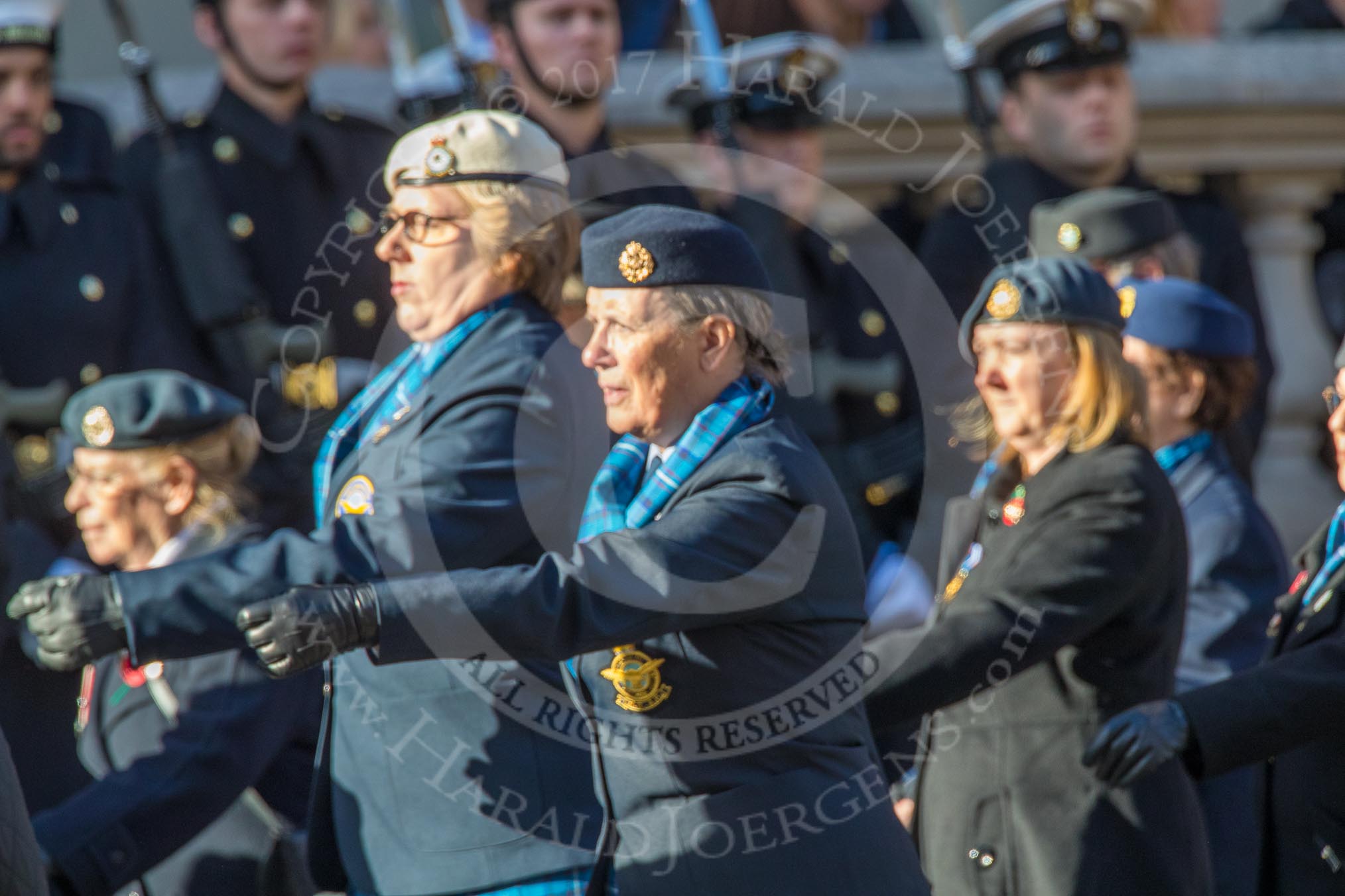 WAAF WRAF RAF(W) Association (Group C17, 21 members) during the Royal British Legion March Past on Remembrance Sunday at the Cenotaph, Whitehall, Westminster, London, 11 November 2018, 12:17.