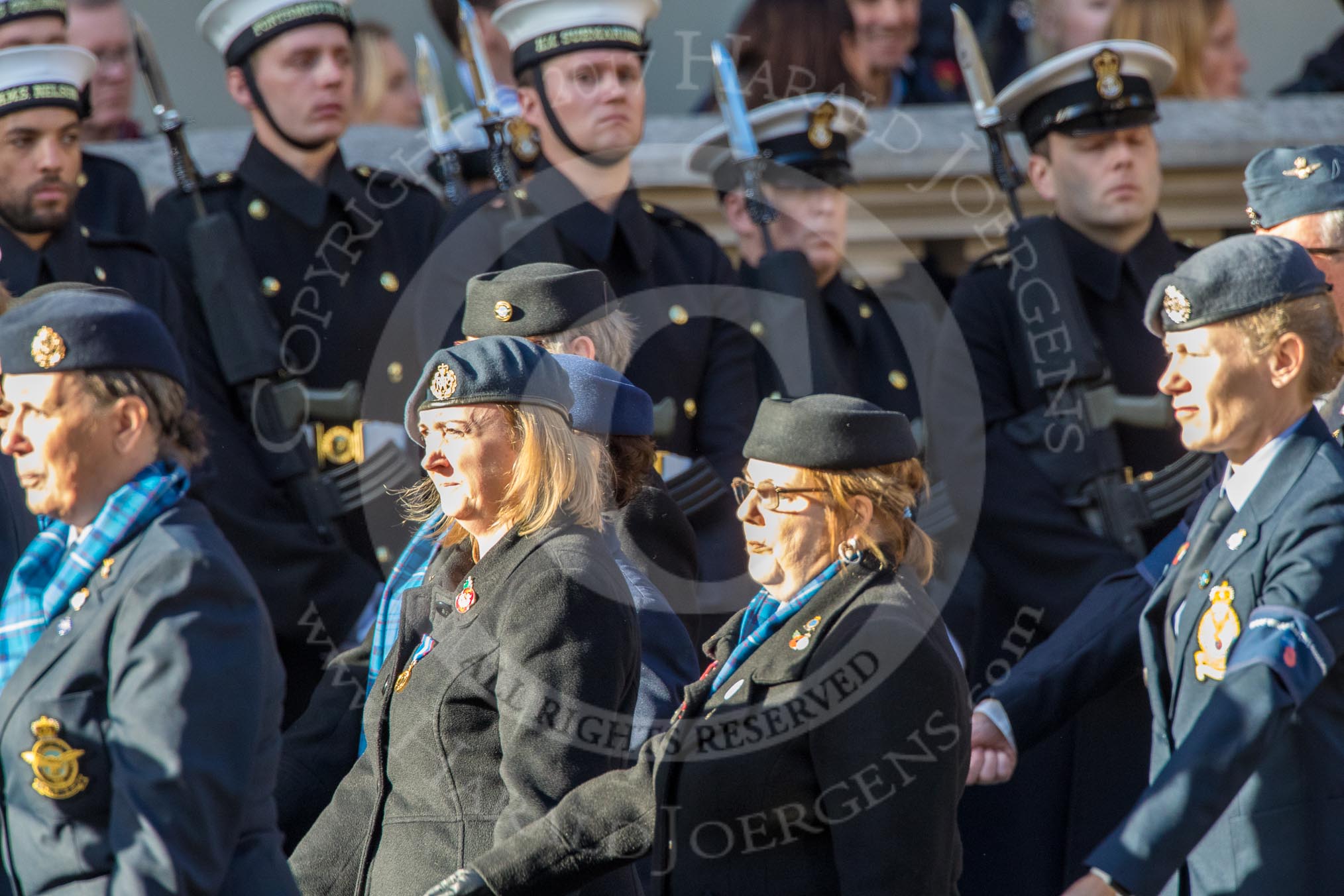 WAAF WRAF RAF(W) Association (Group C17, 21 members) during the Royal British Legion March Past on Remembrance Sunday at the Cenotaph, Whitehall, Westminster, London, 11 November 2018, 12:17.