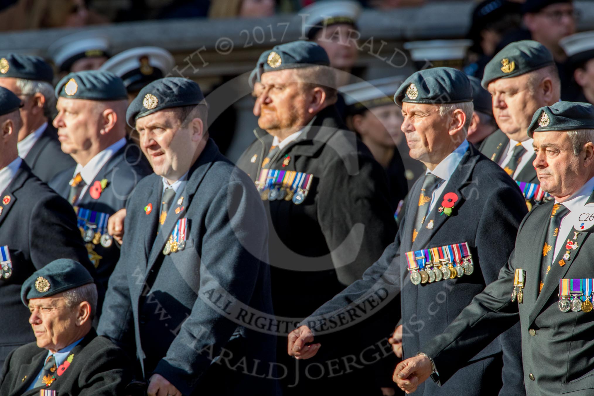 Royal Air Forces Association Armourers Branch (Group C26, 45 members) during the Royal British Legion March Past on Remembrance Sunday at the Cenotaph, Whitehall, Westminster, London, 11 November 2018, 12:18.