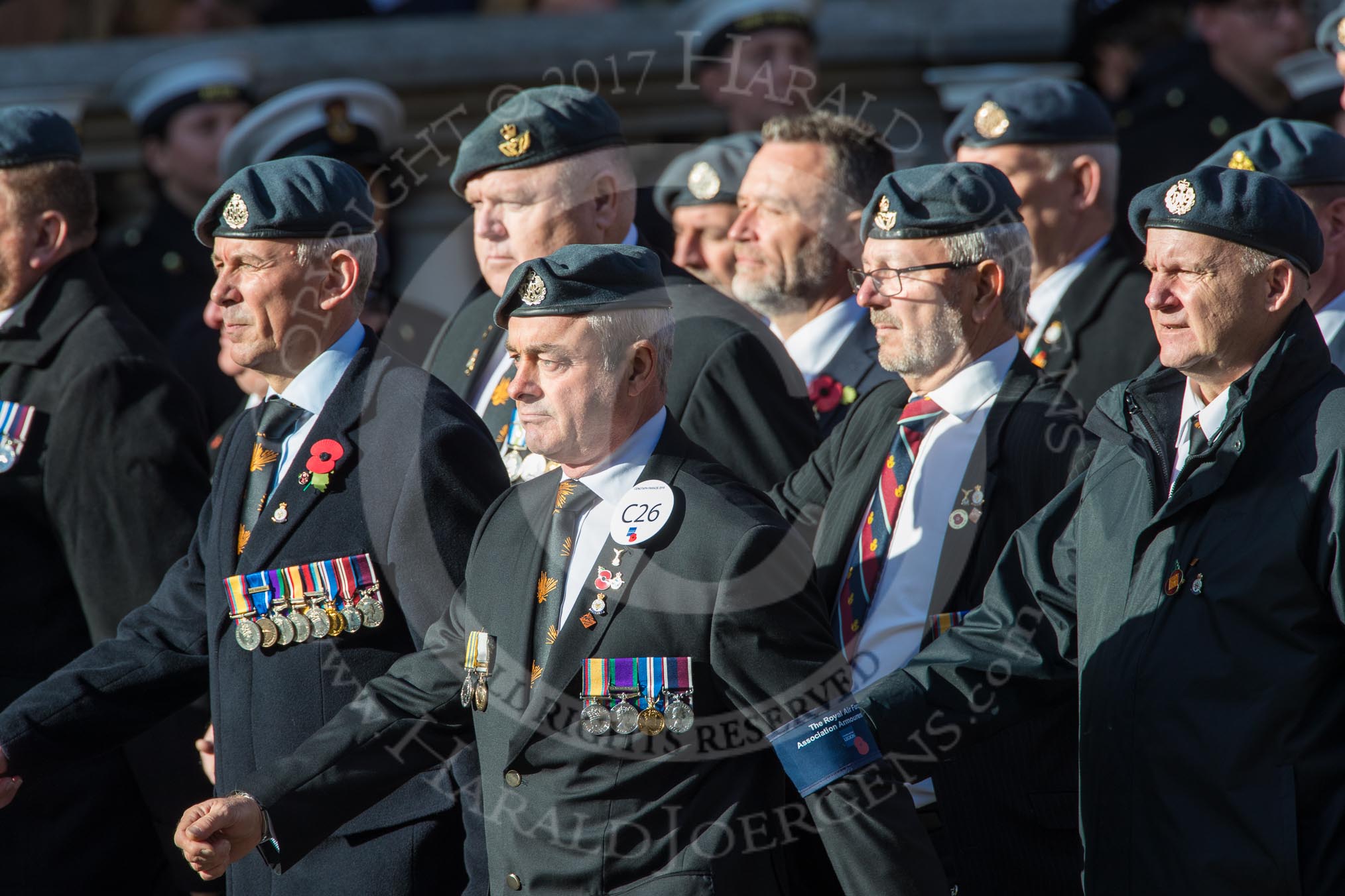 Royal Air Forces Association Armourers Branch (Group C26, 45 members) during the Royal British Legion March Past on Remembrance Sunday at the Cenotaph, Whitehall, Westminster, London, 11 November 2018, 12:18.