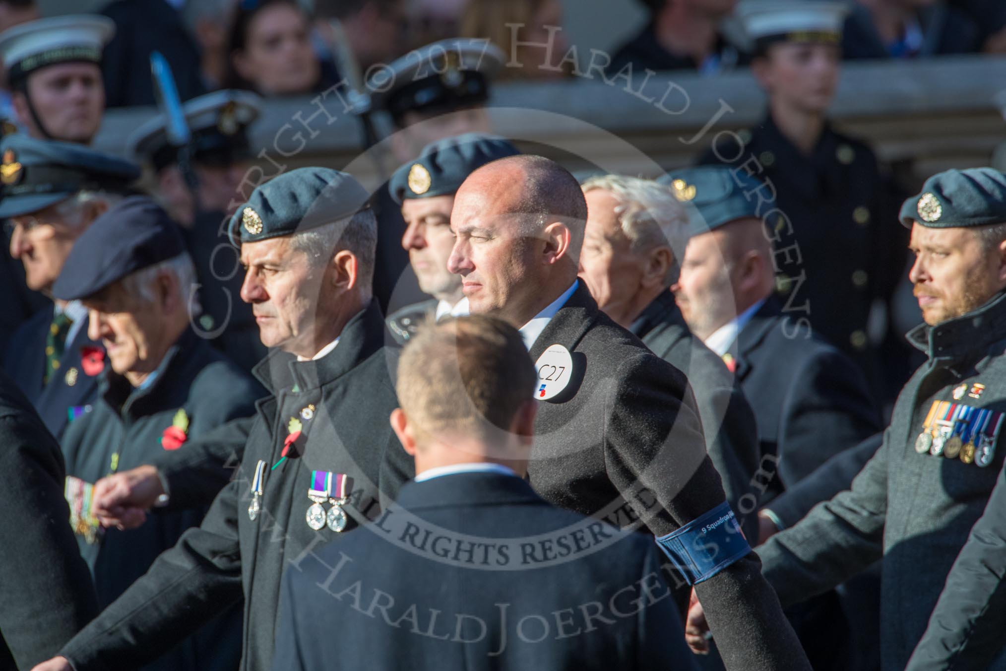 The 9 Squadron Association RAF (Group C27, 21 members) during the Royal British Legion March Past on Remembrance Sunday at the Cenotaph, Whitehall, Westminster, London, 11 November 2018, 12:19.