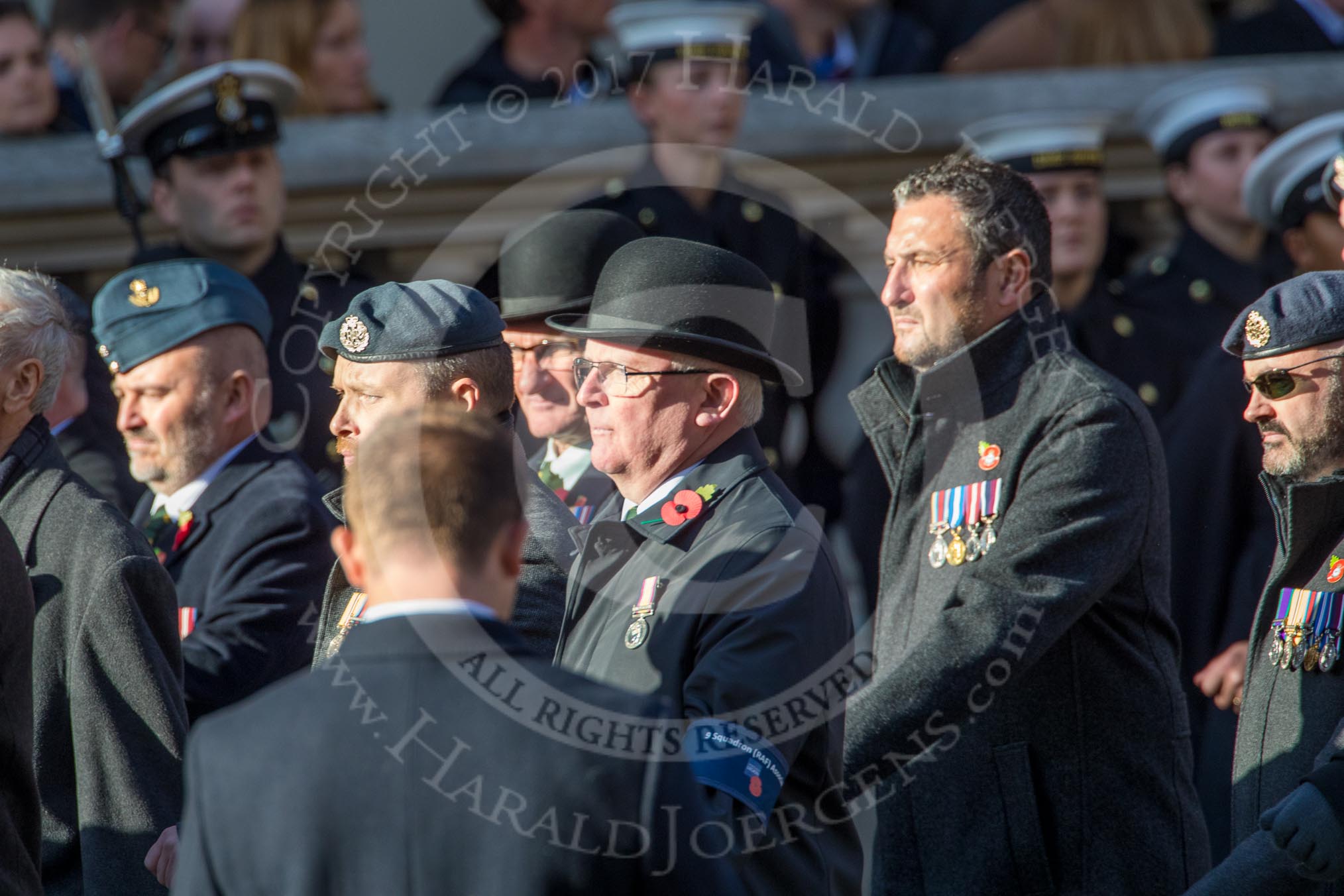 The 9 Squadron Association RAF (Group C27, 21 members) during the Royal British Legion March Past on Remembrance Sunday at the Cenotaph, Whitehall, Westminster, London, 11 November 2018, 12:19.