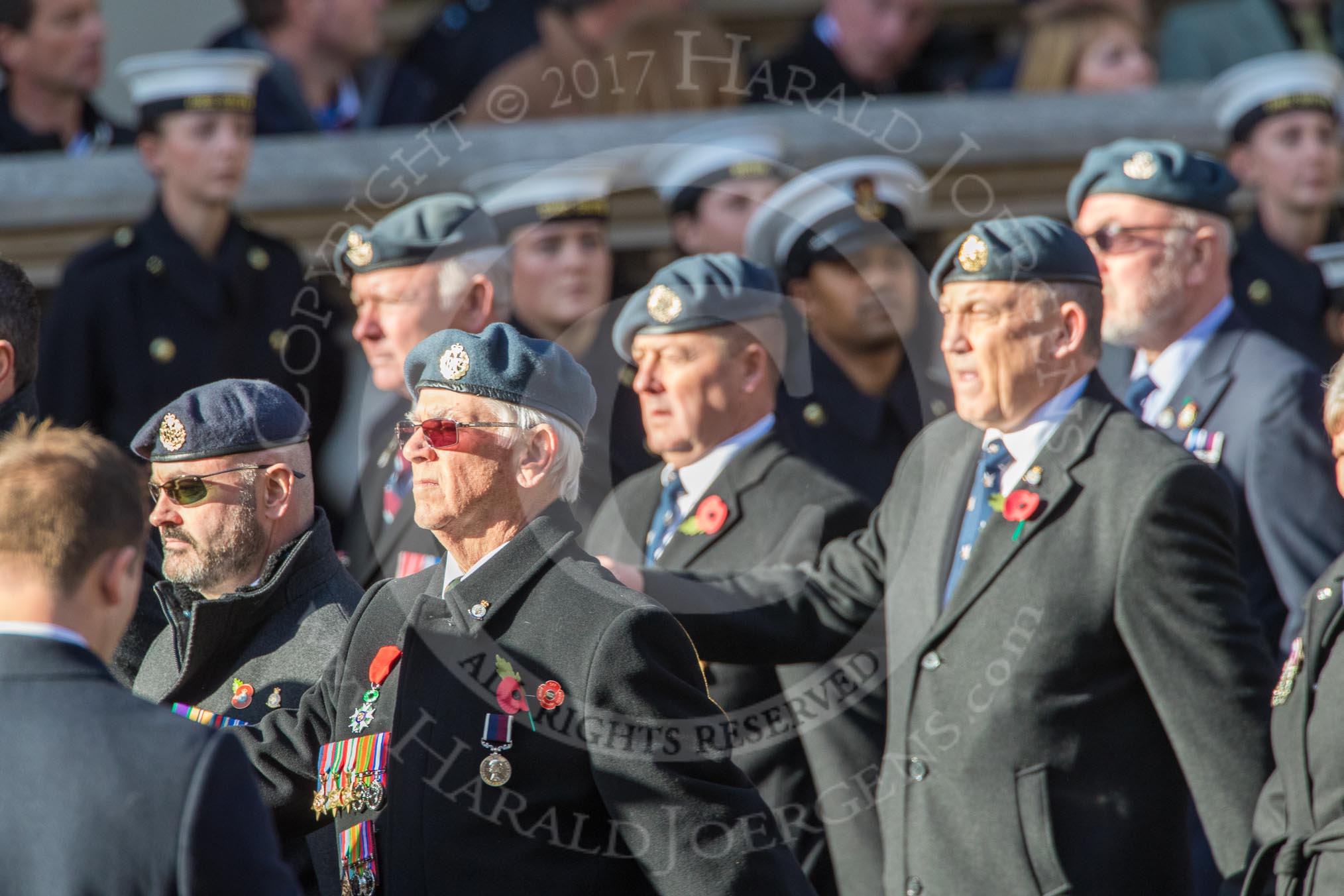 The 9 Squadron Association RAF (Group C27, 21 members) during the Royal British Legion March Past on Remembrance Sunday at the Cenotaph, Whitehall, Westminster, London, 11 November 2018, 12:19.