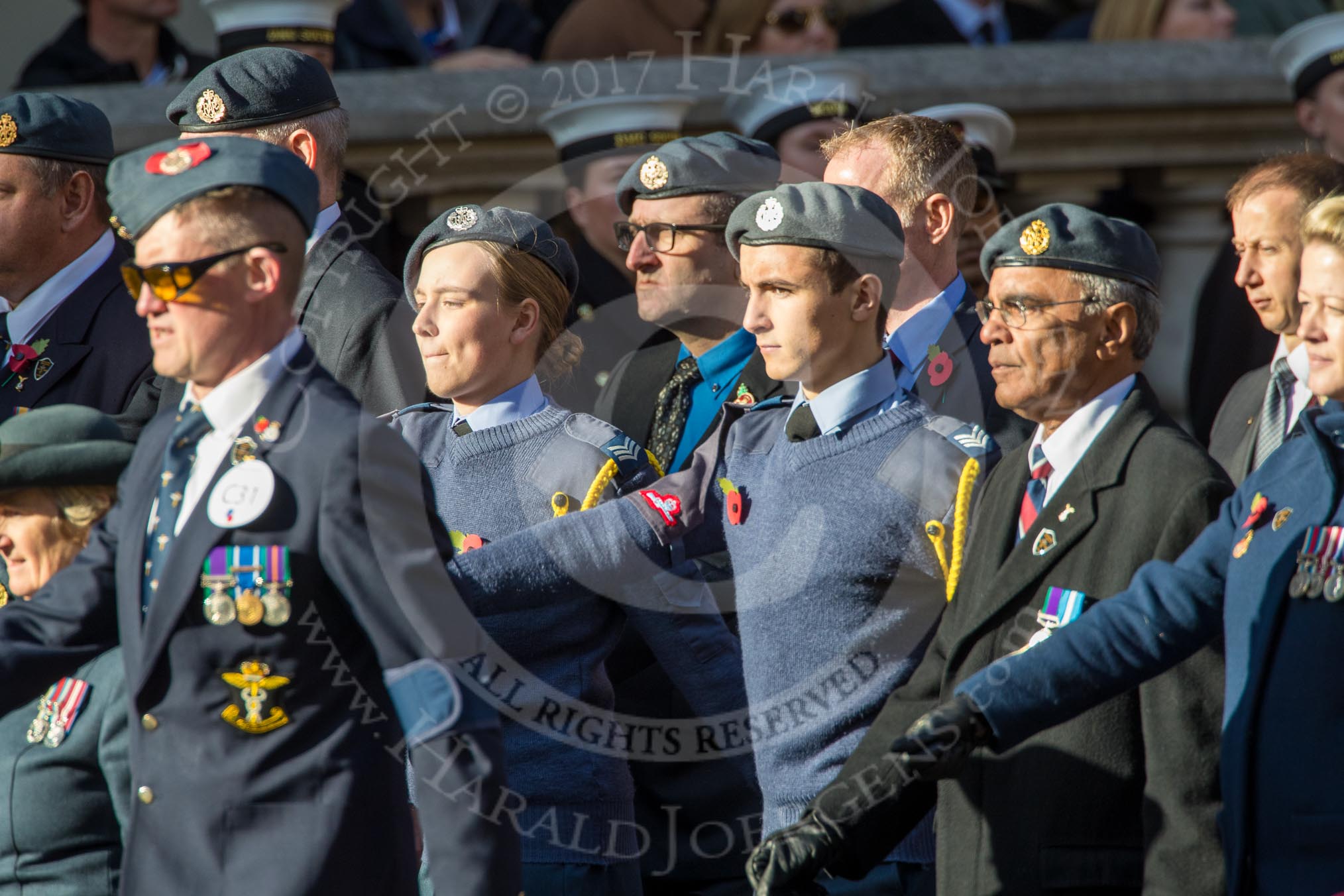 Royal Air Forces Association (Caduceus) branch (Group C31, 22 members) during the Royal British Legion March Past on Remembrance Sunday at the Cenotaph, Whitehall, Westminster, London, 11 November 2018, 12:19.