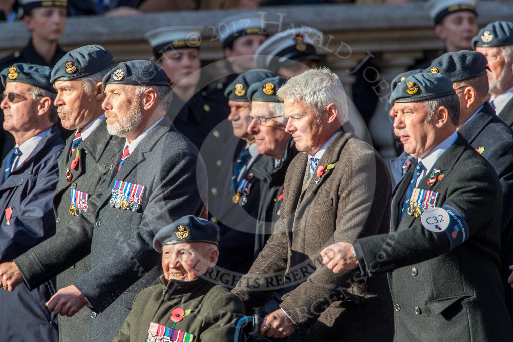 PJI Canopy Club Association (Group C32, 22 members) during the Royal British Legion March Past on Remembrance Sunday at the Cenotaph, Whitehall, Westminster, London, 11 November 2018, 12:19.