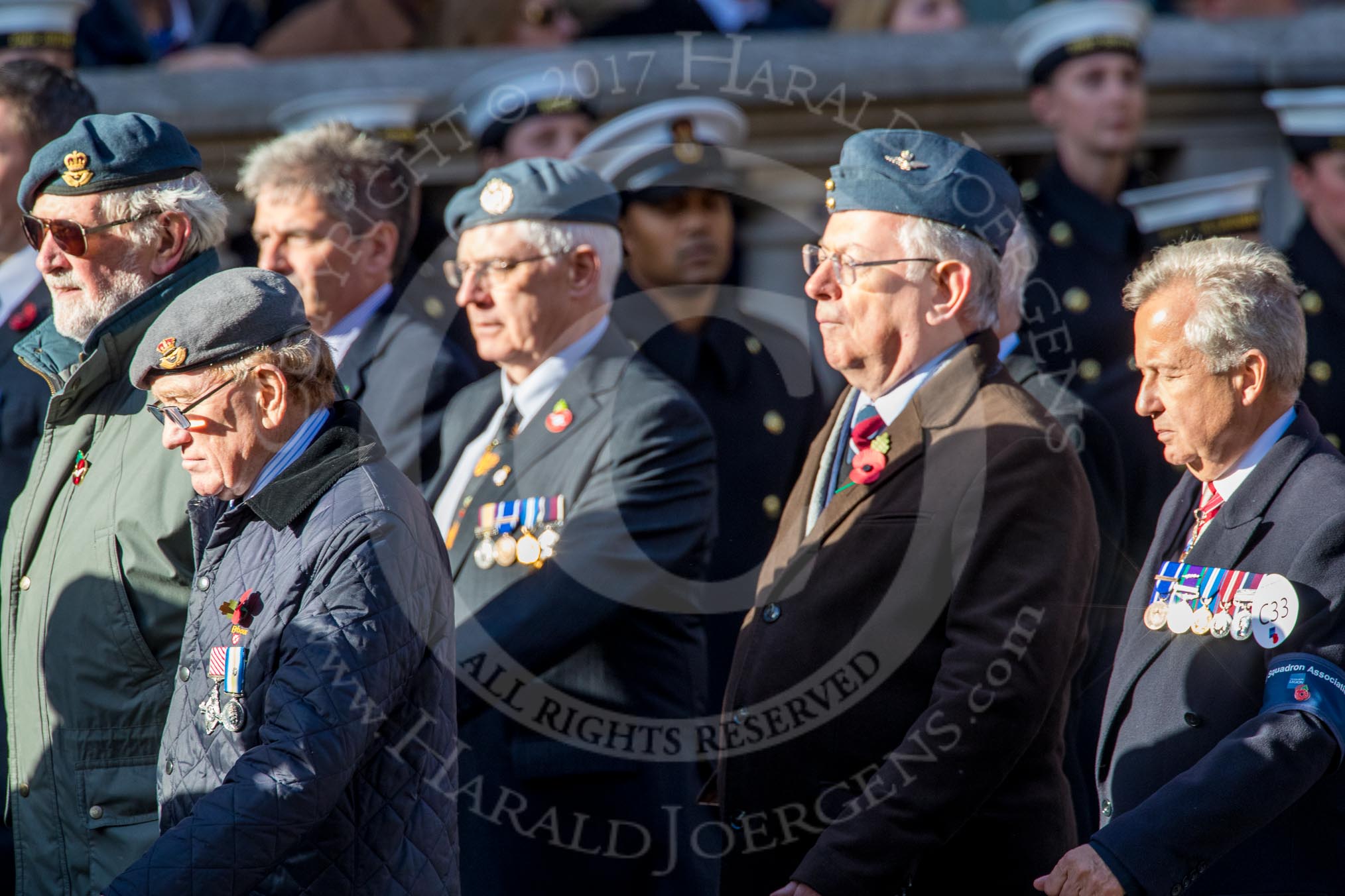41 Squadron Association (Group C33, 9 members) during the Royal British Legion March Past on Remembrance Sunday at the Cenotaph, Whitehall, Westminster, London, 11 November 2018, 12:19.