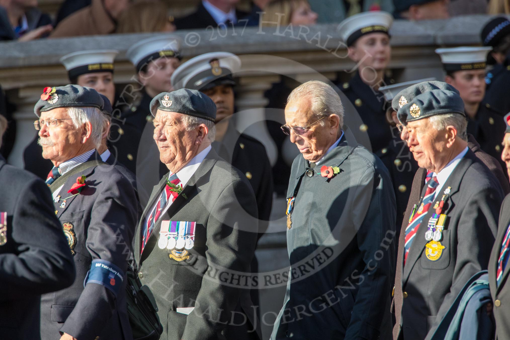 RAF Yatesbury Association (Group C34, 9 members) during the Royal British Legion March Past on Remembrance Sunday at the Cenotaph, Whitehall, Westminster, London, 11 November 2018, 12:19.