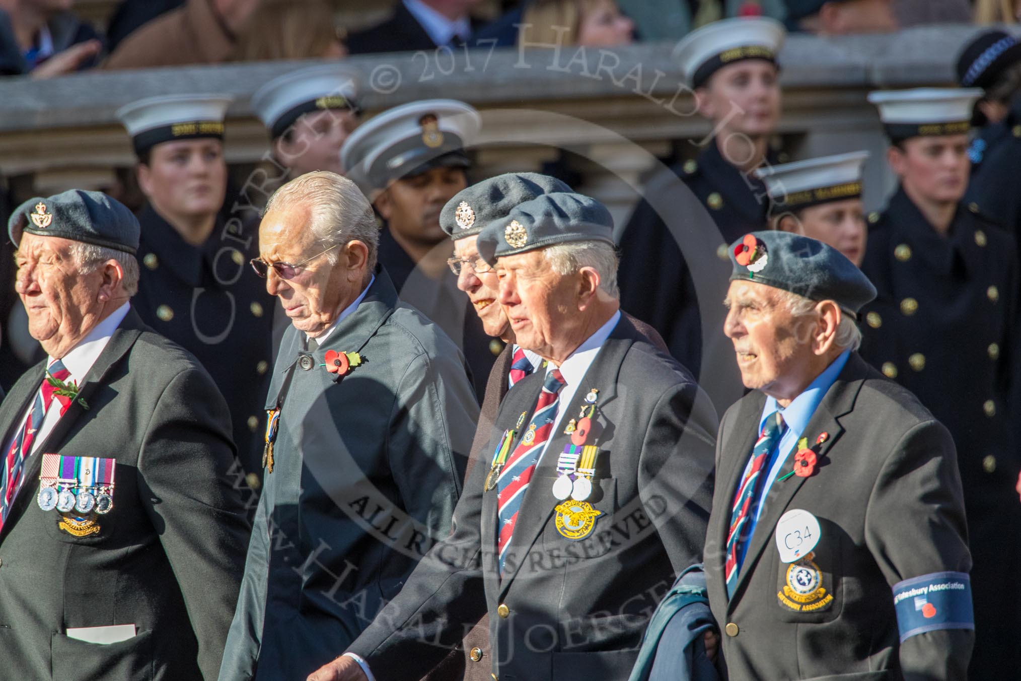 RAF Yatesbury Association (Group C34, 9 members) during the Royal British Legion March Past on Remembrance Sunday at the Cenotaph, Whitehall, Westminster, London, 11 November 2018, 12:19.