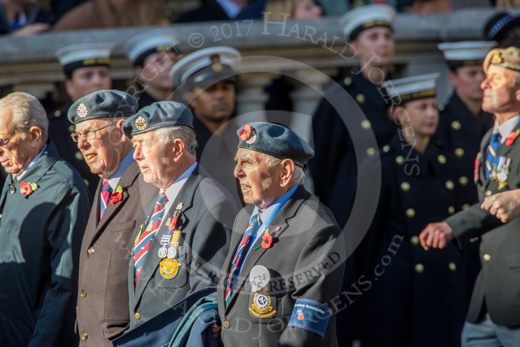 RAF Yatesbury Association (Group C34, 9 members) during the Royal British Legion March Past on Remembrance Sunday at the Cenotaph, Whitehall, Westminster, London, 11 November 2018, 12:19.