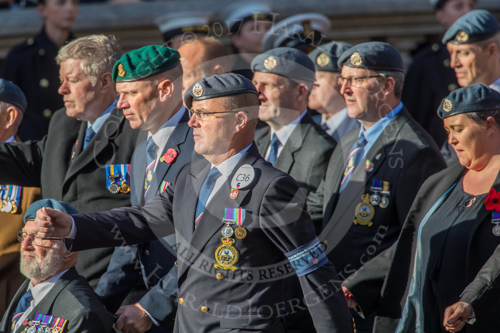 Royal Air Force Servicing Commando and Tactical Supply Wing Association (Group C36, 50 members) during the Royal British Legion March Past on Remembrance Sunday at the Cenotaph, Whitehall, Westminster, London, 11 November 2018, 12:20.