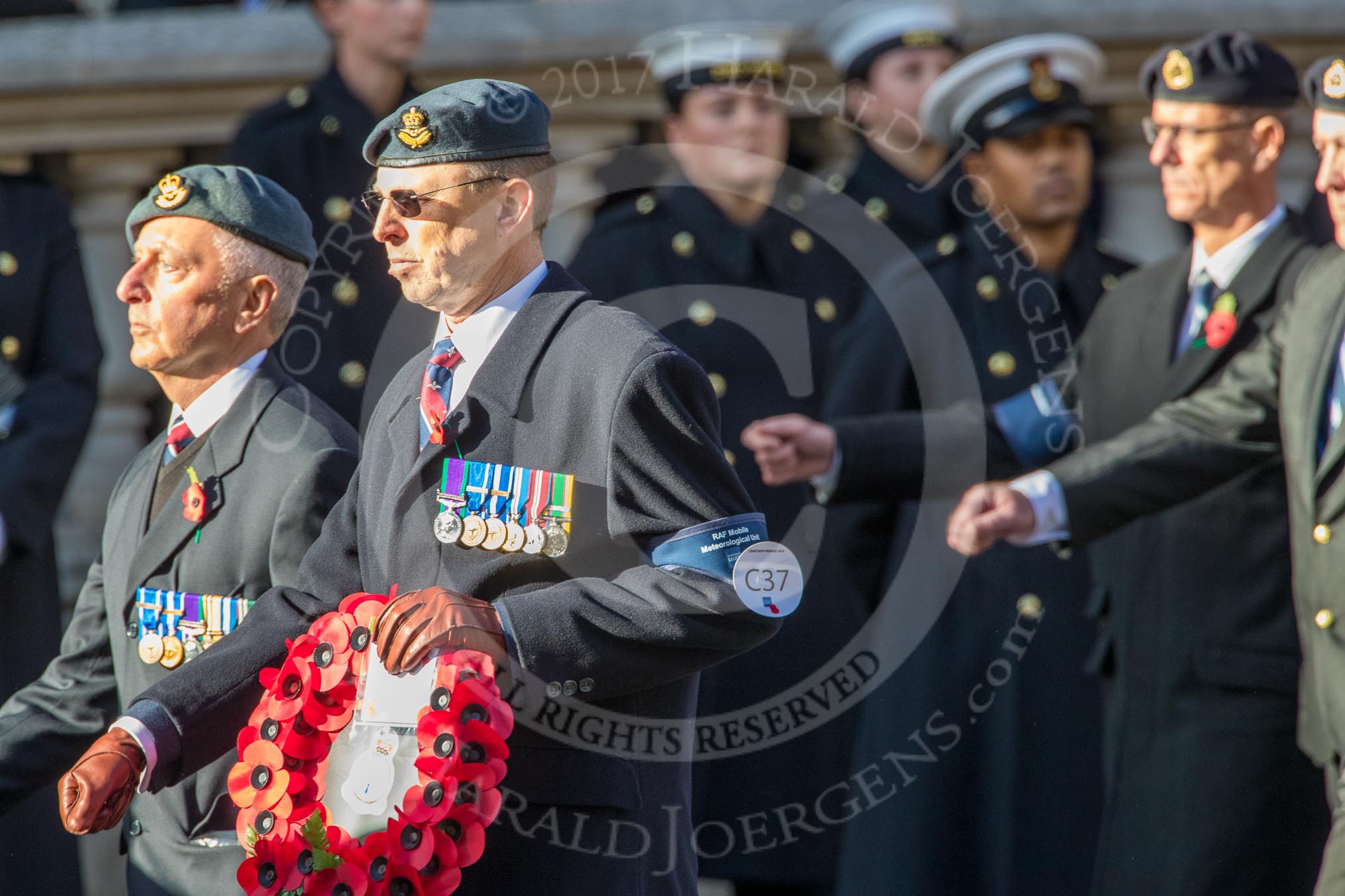 RAF Mobile Meteorological Unit (Group C37, 5 members) during the Royal British Legion March Past on Remembrance Sunday at the Cenotaph, Whitehall, Westminster, London, 11 November 2018, 12:20.