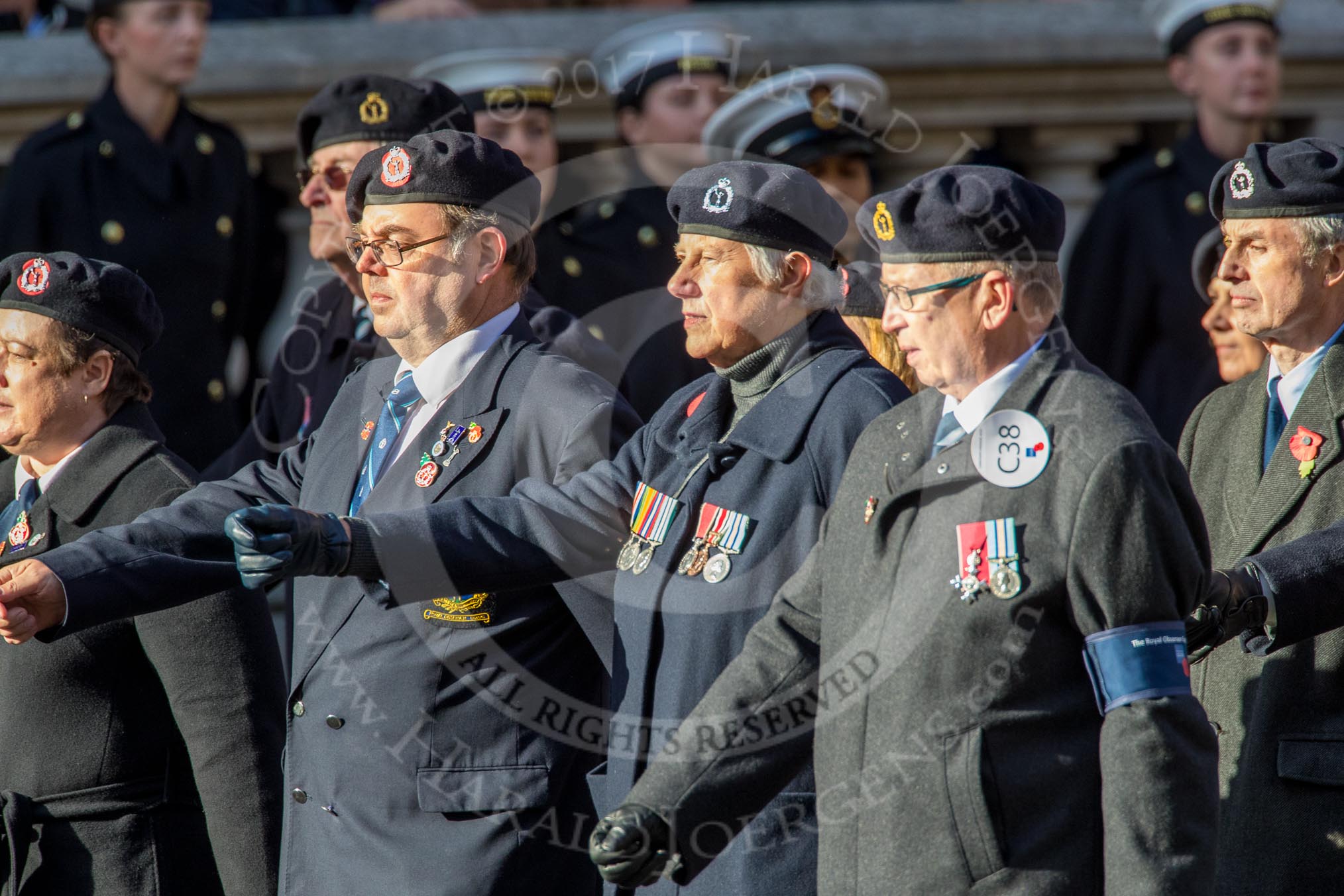 Royal Observer Corps Association (Group C38, 67 members) during the Royal British Legion March Past on Remembrance Sunday at the Cenotaph, Whitehall, Westminster, London, 11 November 2018, 12:20.