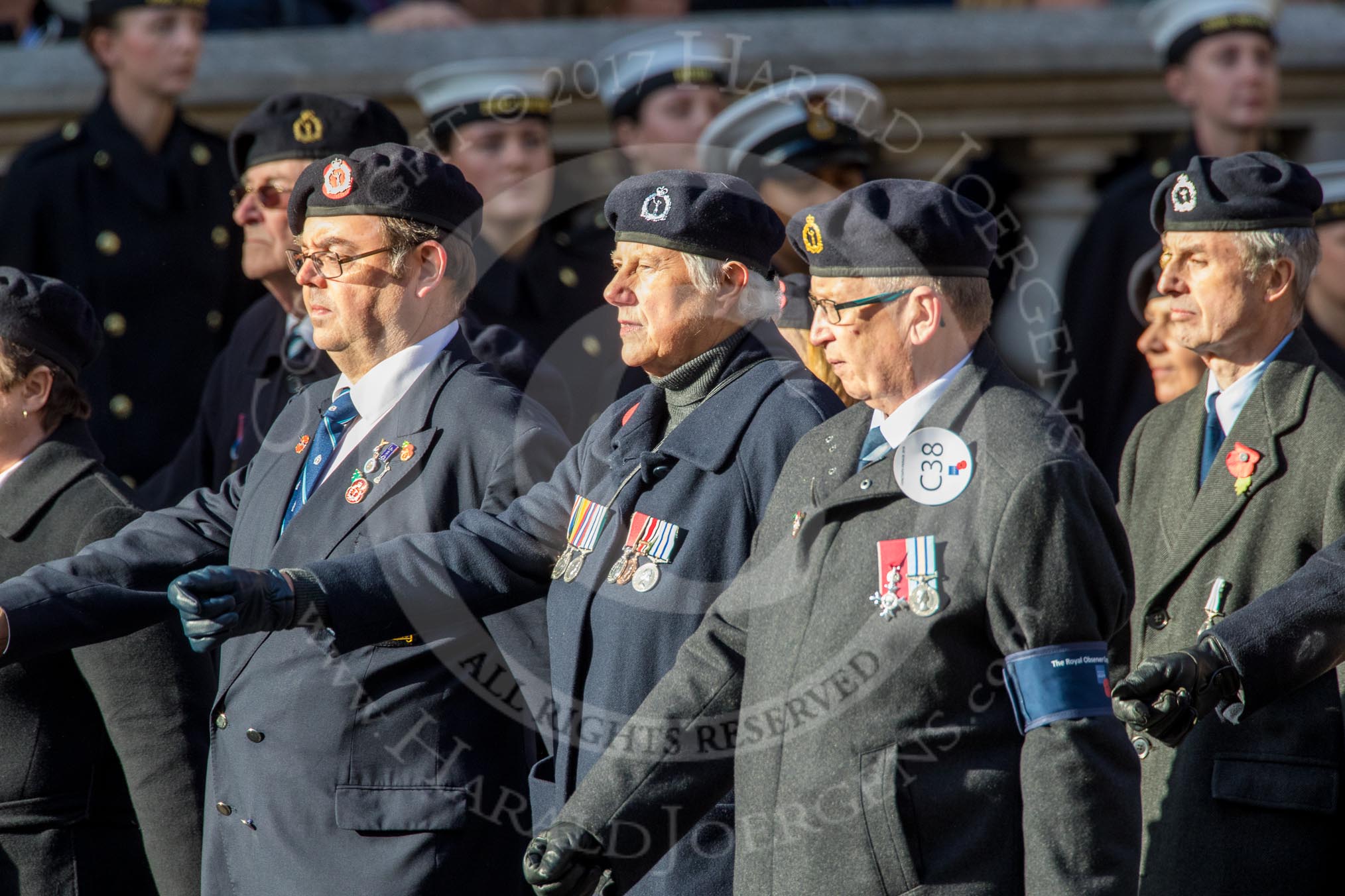 Royal Observer Corps Association (Group C38, 67 members) during the Royal British Legion March Past on Remembrance Sunday at the Cenotaph, Whitehall, Westminster, London, 11 November 2018, 12:20.