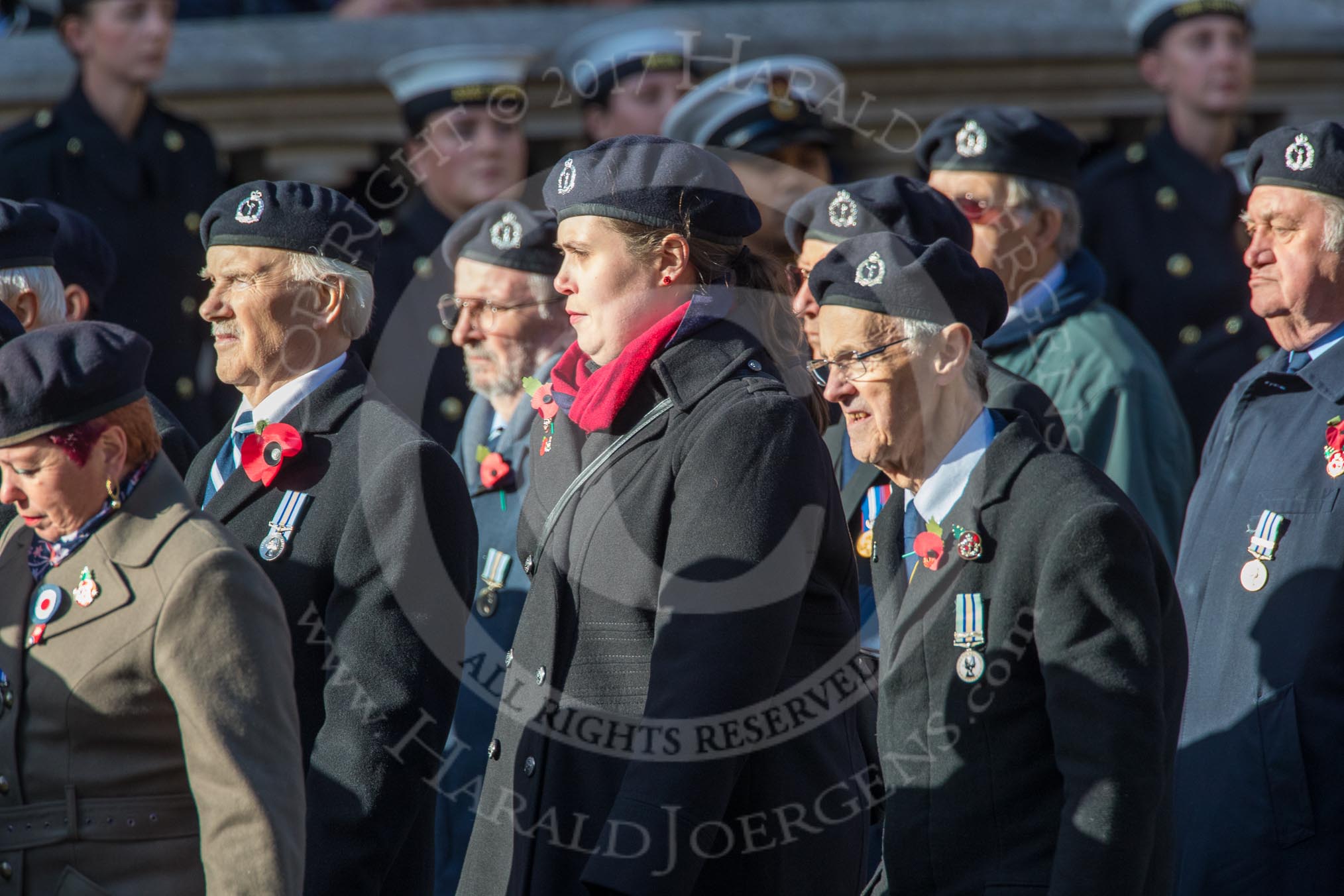 Royal Observer Corps Association (Group C38, 67 members) during the Royal British Legion March Past on Remembrance Sunday at the Cenotaph, Whitehall, Westminster, London, 11 November 2018, 12:20.