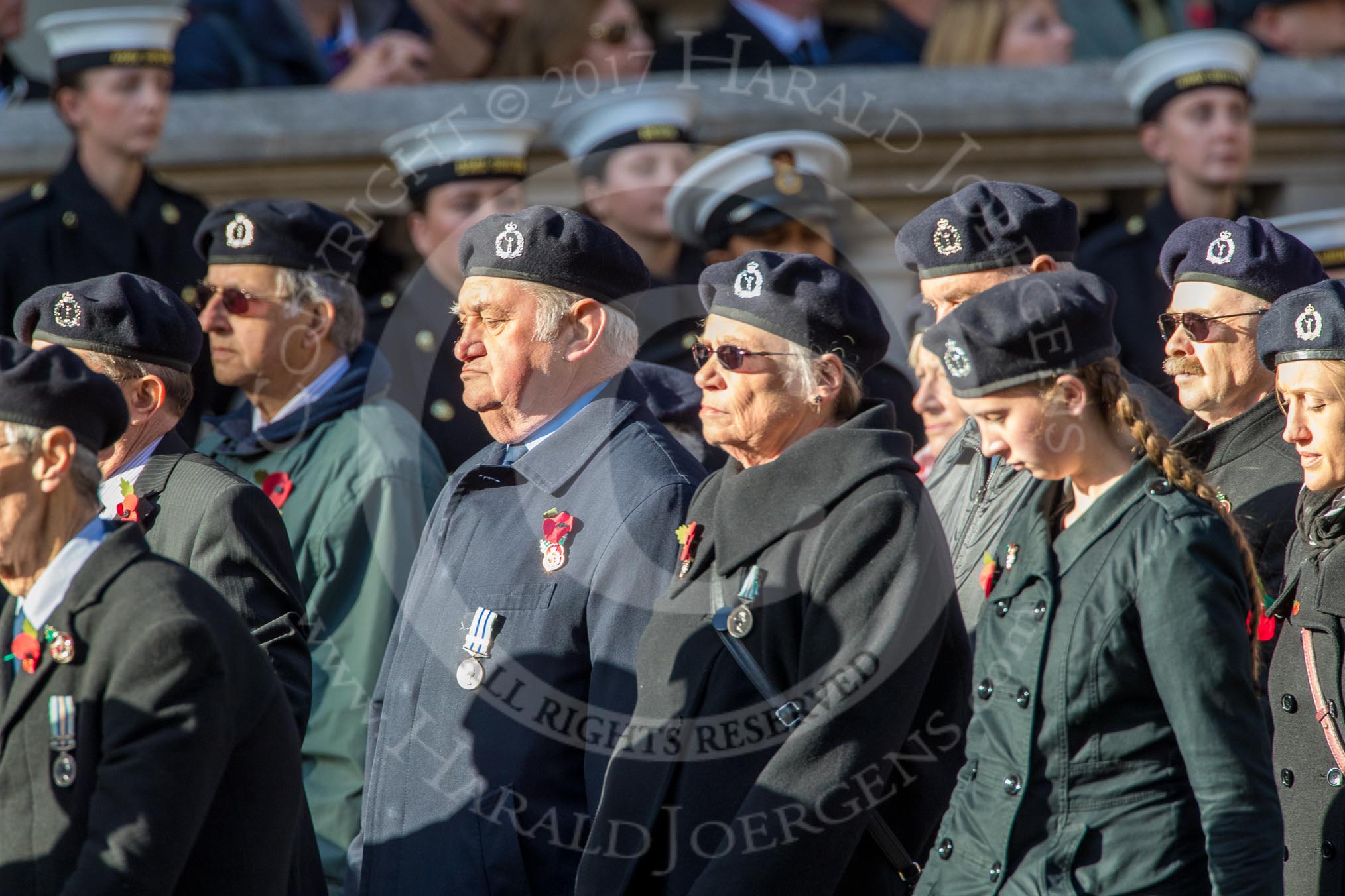 Royal Observer Corps Association (Group C38, 67 members) during the Royal British Legion March Past on Remembrance Sunday at the Cenotaph, Whitehall, Westminster, London, 11 November 2018, 12:20.