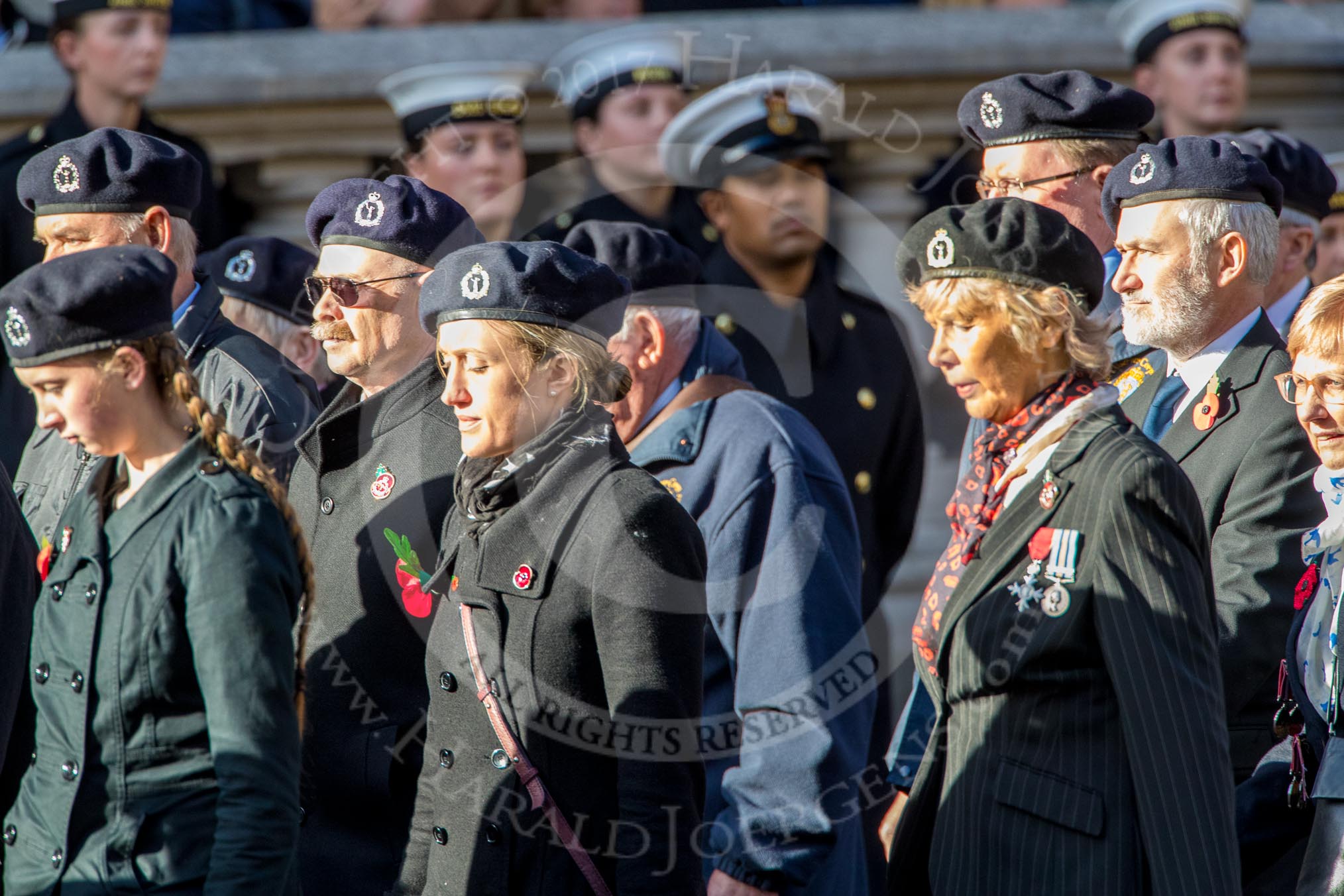 Royal Observer Corps Association (Group C38, 67 members) during the Royal British Legion March Past on Remembrance Sunday at the Cenotaph, Whitehall, Westminster, London, 11 November 2018, 12:20.