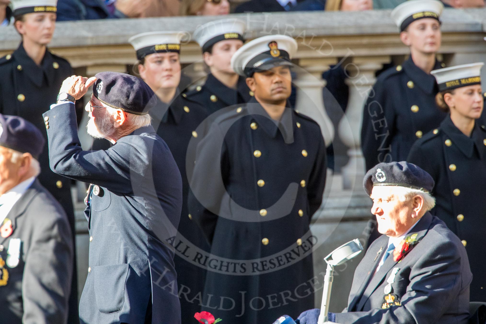 Royal Observer Corps Association (Group C38, 67 members) during the Royal British Legion March Past on Remembrance Sunday at the Cenotaph, Whitehall, Westminster, London, 11 November 2018, 12:20.