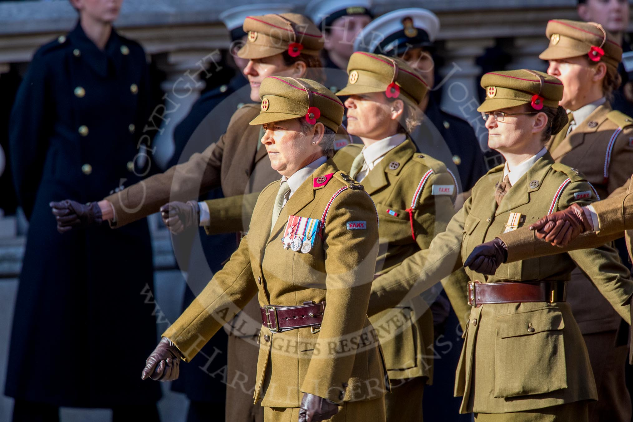 FANY (PRVC) (Group D1, 53 members) during the Royal British Legion March Past on Remembrance Sunday at the Cenotaph, Whitehall, Westminster, London, 11 November 2018, 12:20.