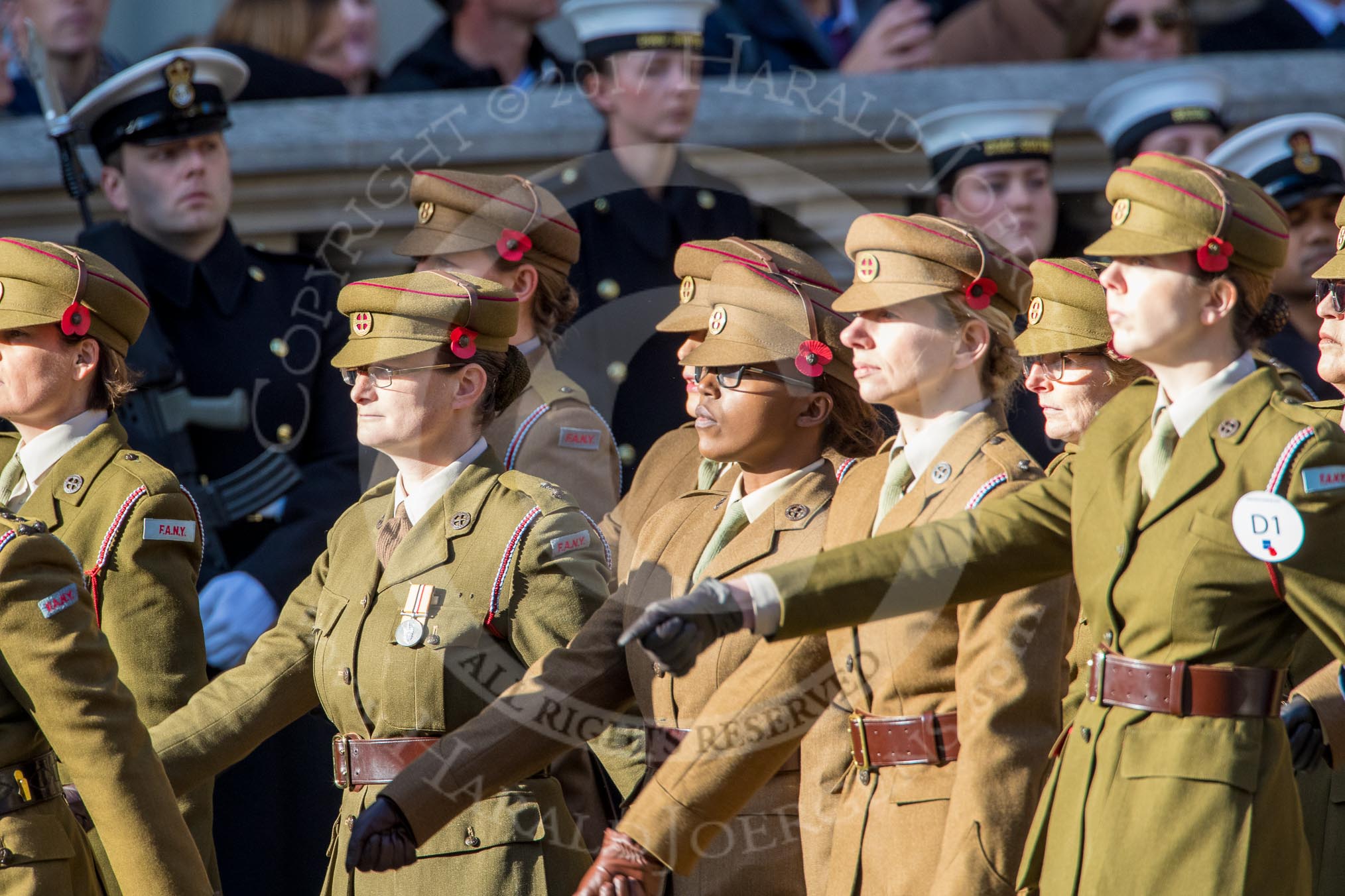 FANY (PRVC) (Group D1, 53 members) during the Royal British Legion March Past on Remembrance Sunday at the Cenotaph, Whitehall, Westminster, London, 11 November 2018, 12:20.