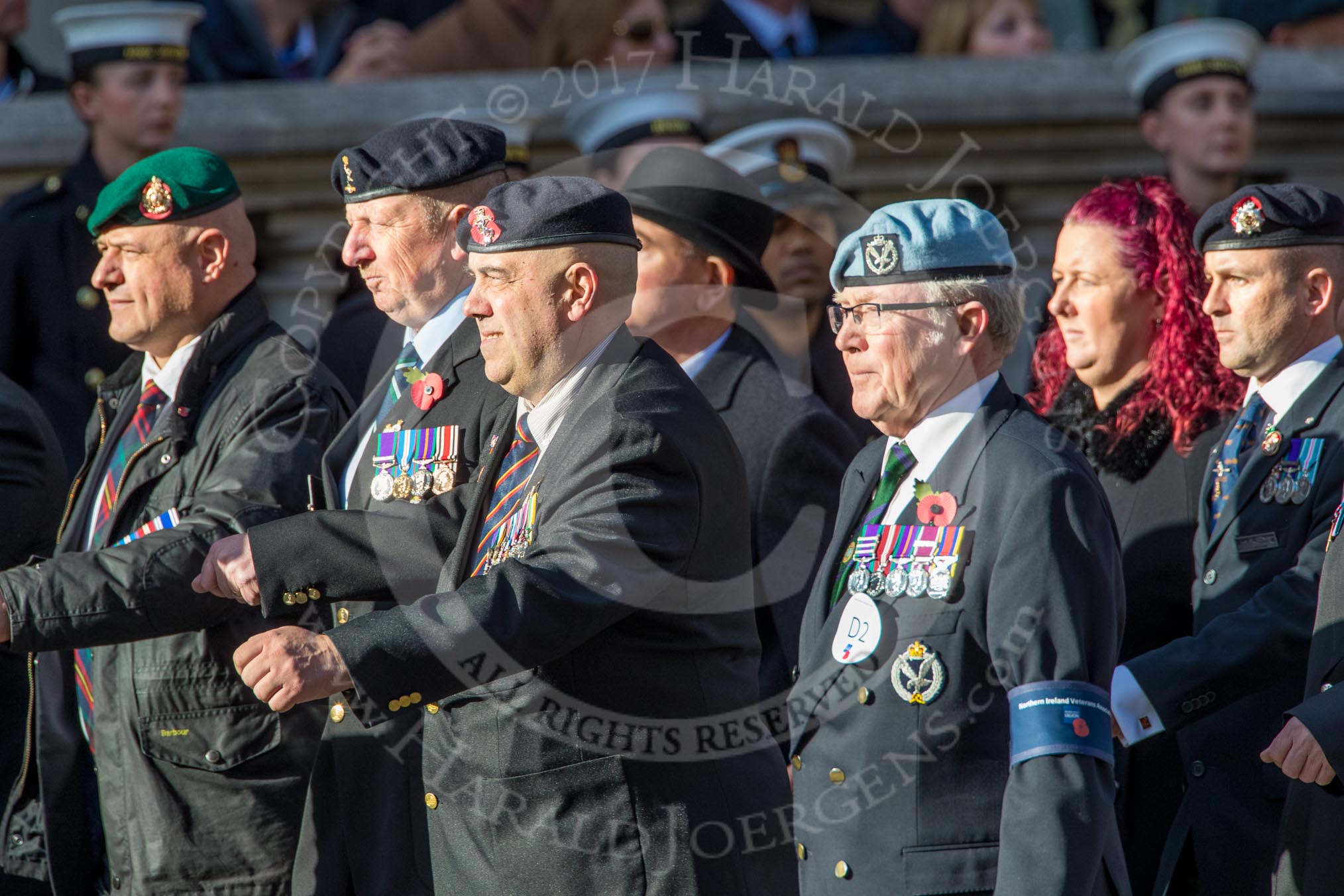 Northern Ireland Veteran's Association  (Group D2, 36 members) during the Royal British Legion March Past on Remembrance Sunday at the Cenotaph, Whitehall, Westminster, London, 11 November 2018, 12:20.