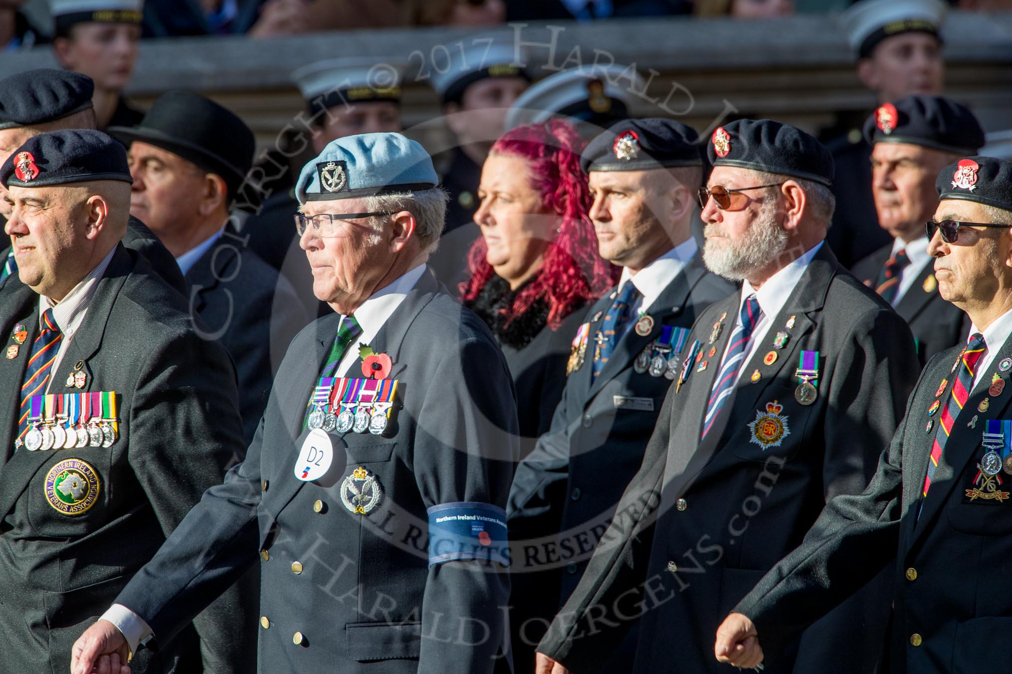 Northern Ireland Veteran's Association  (Group D2, 36 members) during the Royal British Legion March Past on Remembrance Sunday at the Cenotaph, Whitehall, Westminster, London, 11 November 2018, 12:20.
