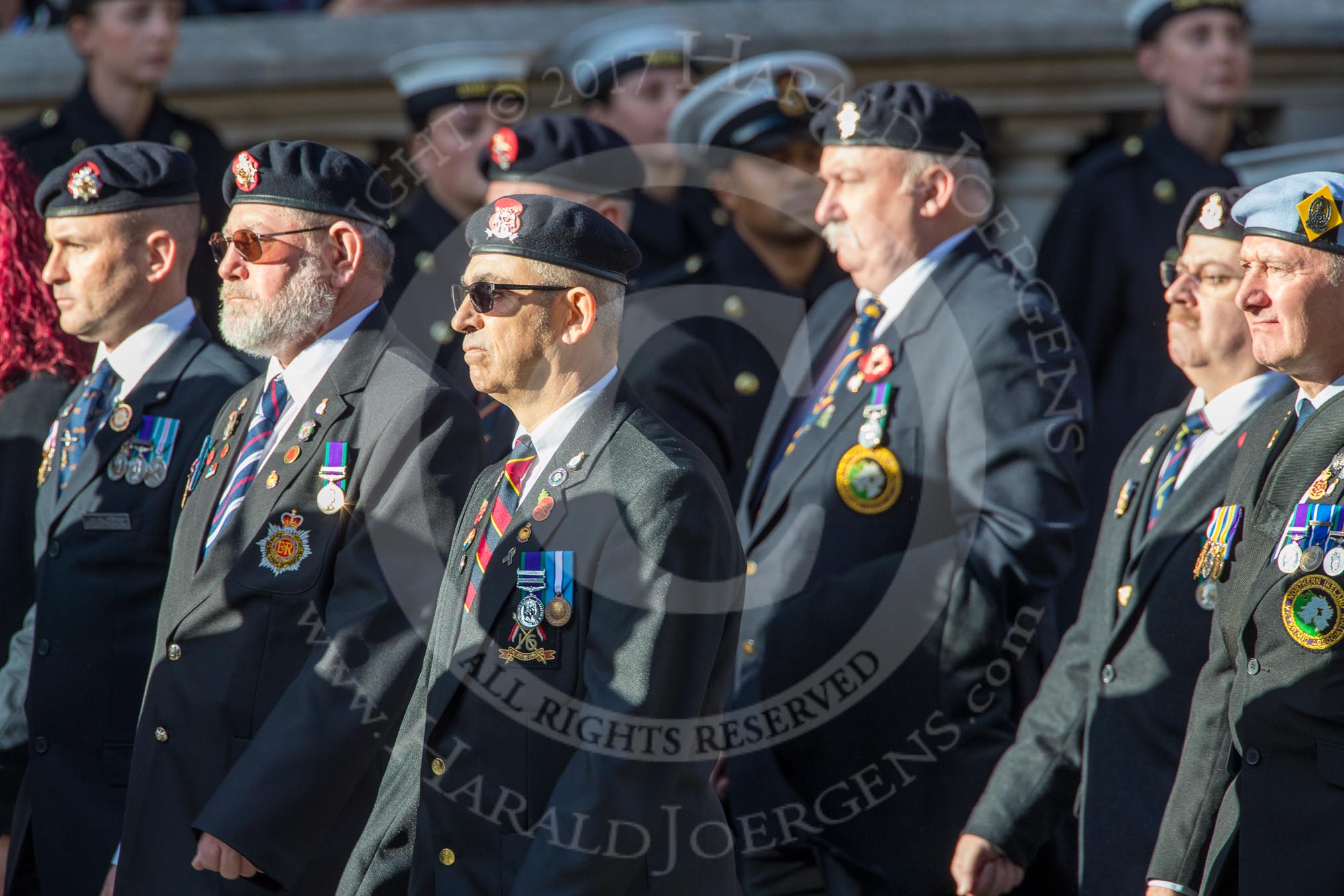 Northern Ireland Veteran's Association  (Group D2, 36 members) during the Royal British Legion March Past on Remembrance Sunday at the Cenotaph, Whitehall, Westminster, London, 11 November 2018, 12:20.